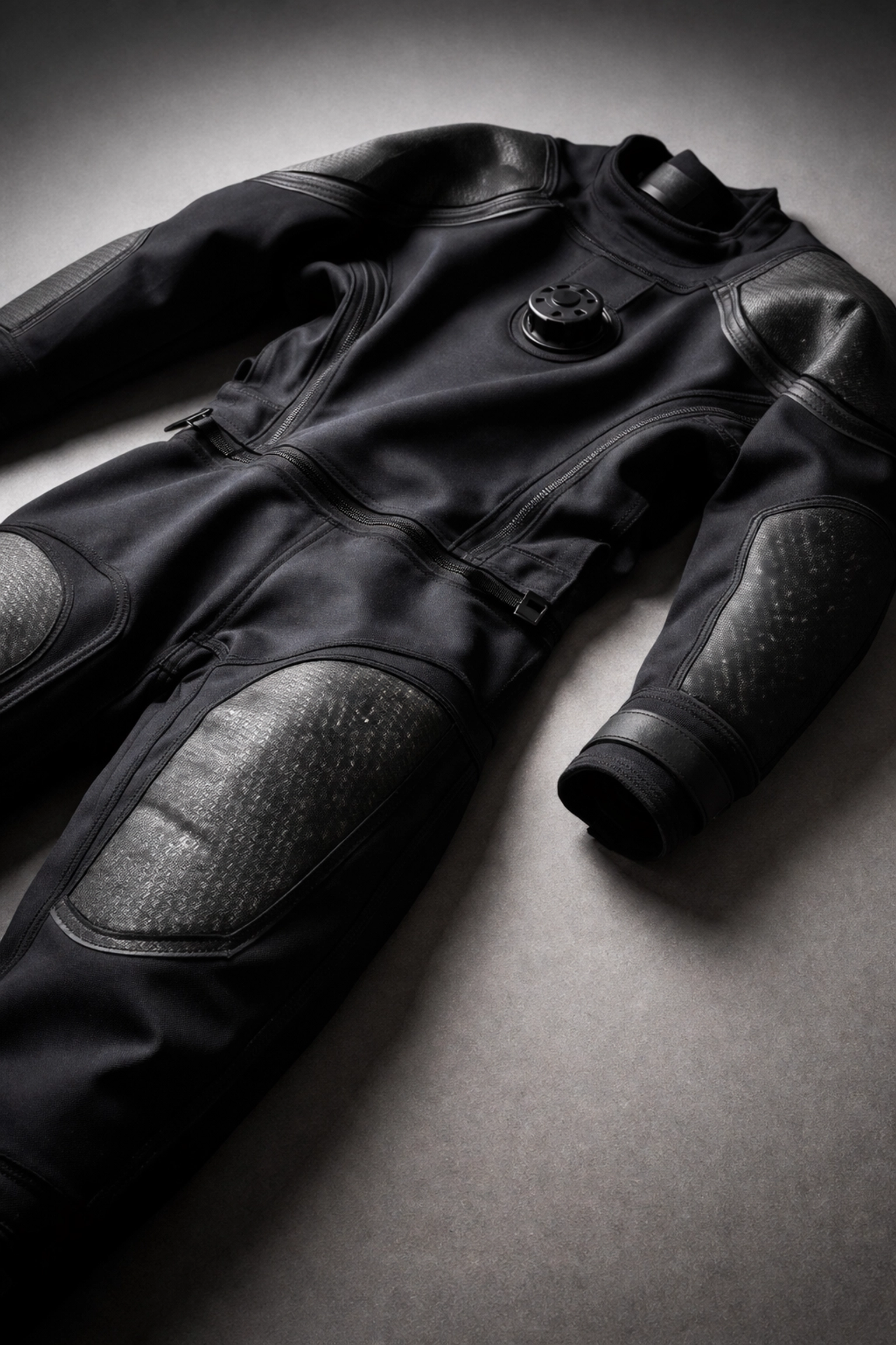 Detailaufnahme Scubaforce Xpedition SE Trockentauchanzug mit Kevlar-Verstärkungen an Knien und Schultern