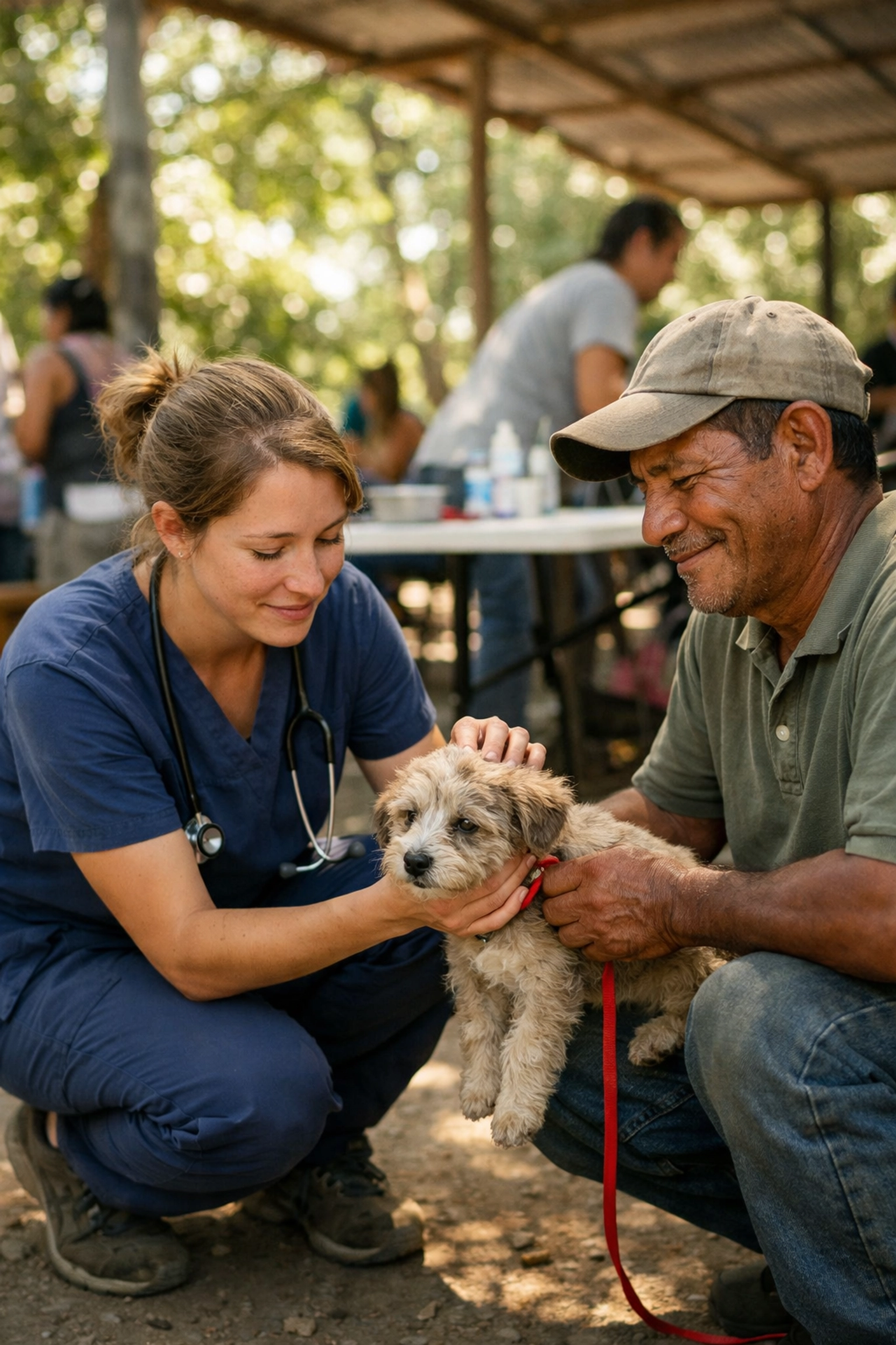 Veterinary volunteer examining a puppy at a GO•PAW free dog vaccination and parasite treatment clinic.