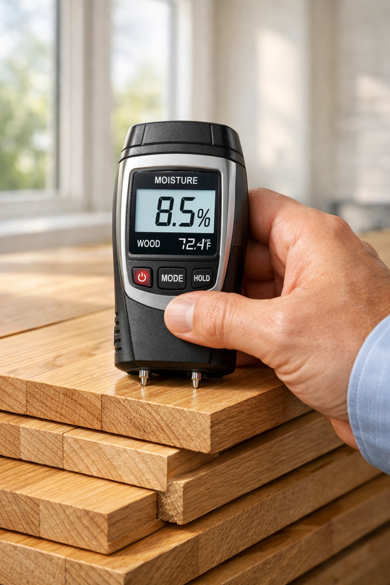 Professional testing moisture levels on oak hardwood for a durable flooring renovation in Orlando.