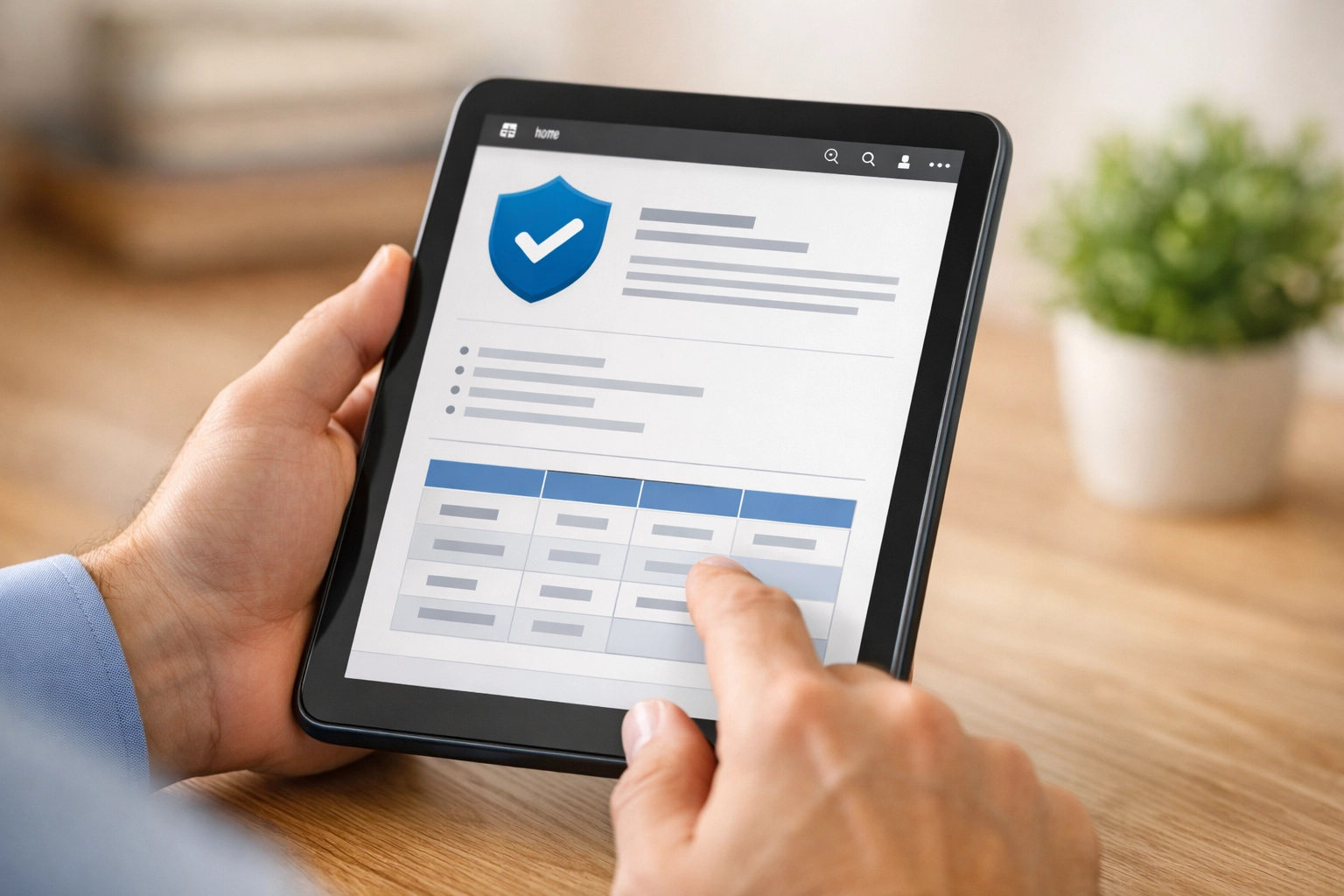 Person reviewing terms for a 2500 loan no credit check on a digital tablet in a professional home office.