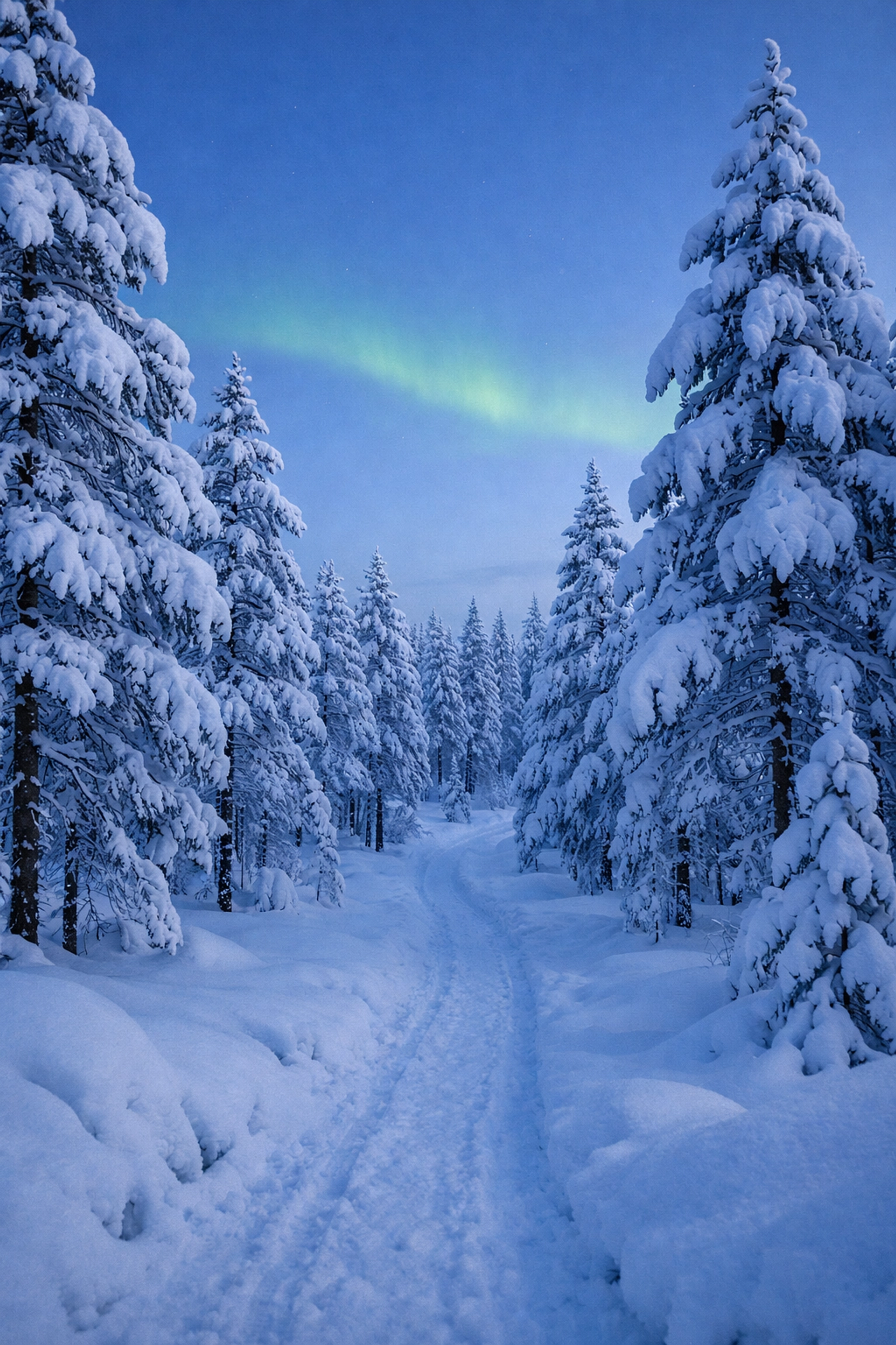 Snow-covered forest in Finnish Lapland during winter twilight with aurora glow