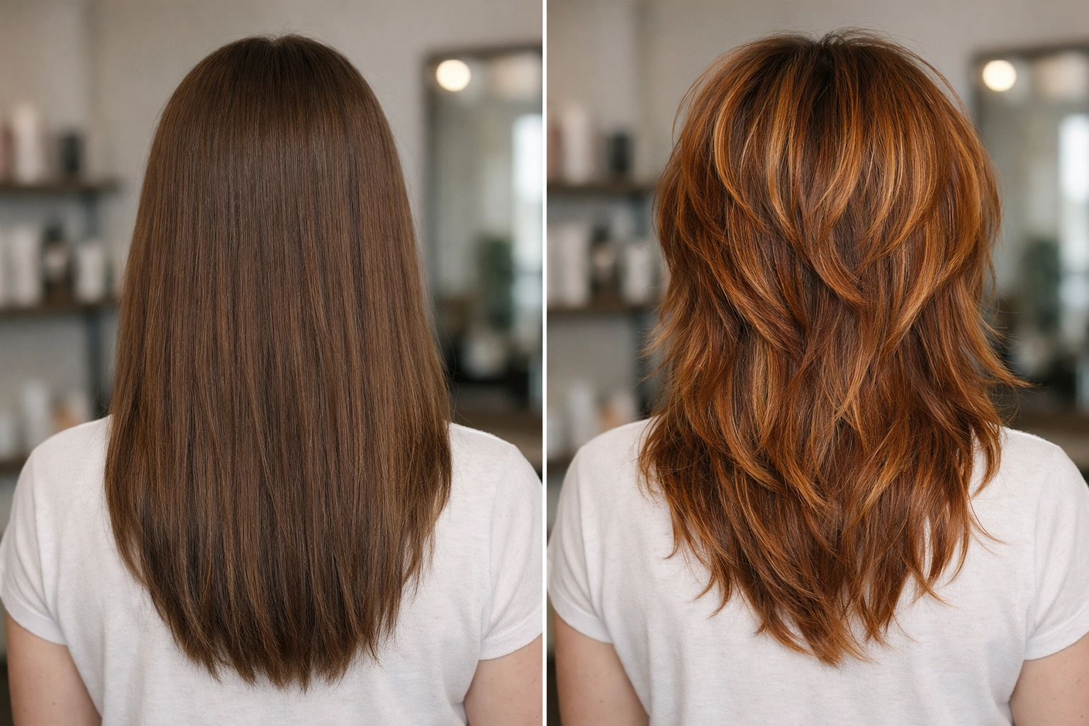 Dramatic before and after transformation from long brown hair to a dimensional copper wolf cut.