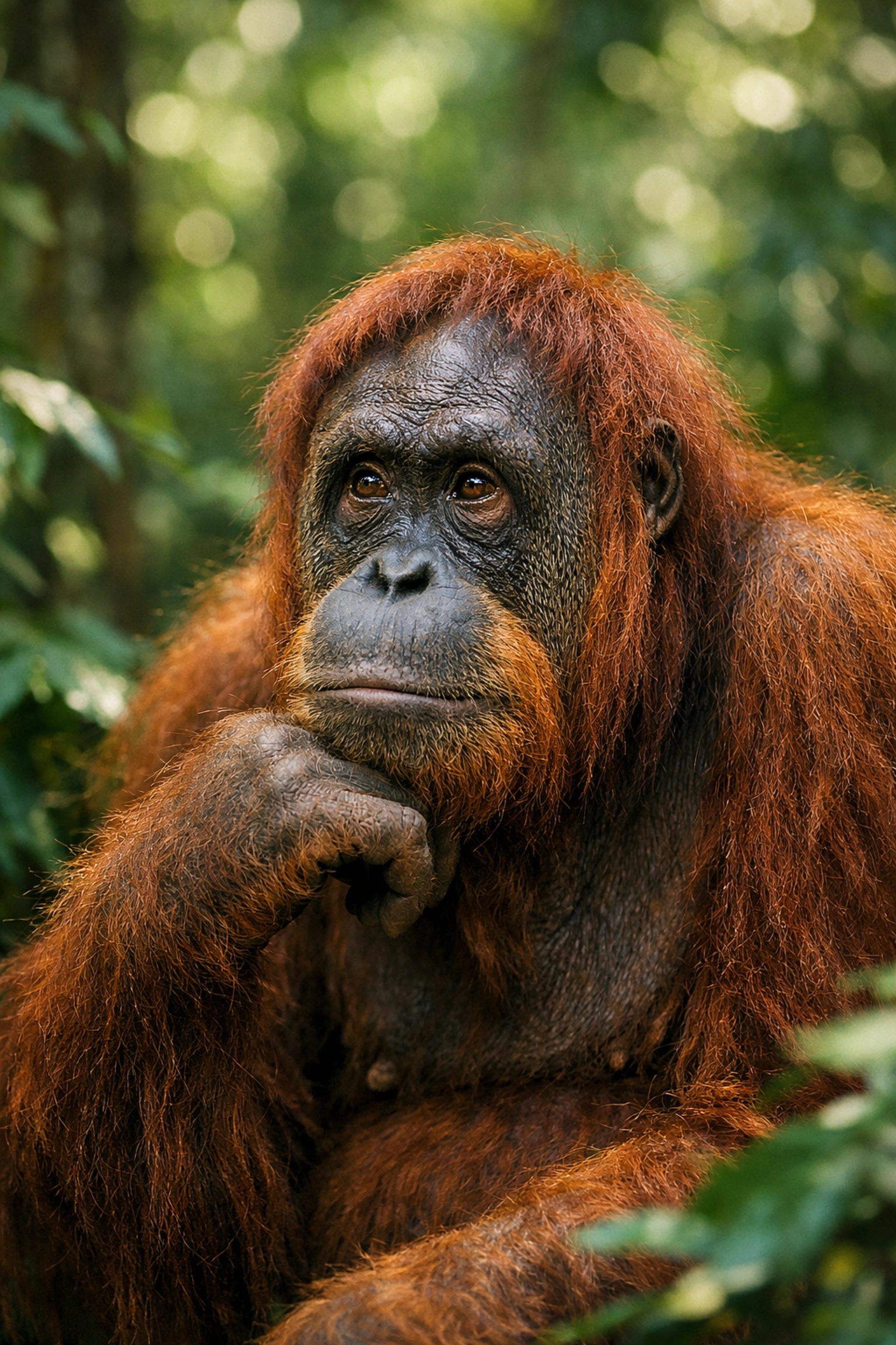 A Bornean Orangutan in the jungle illustrating brand alignment with intelligent animal species.