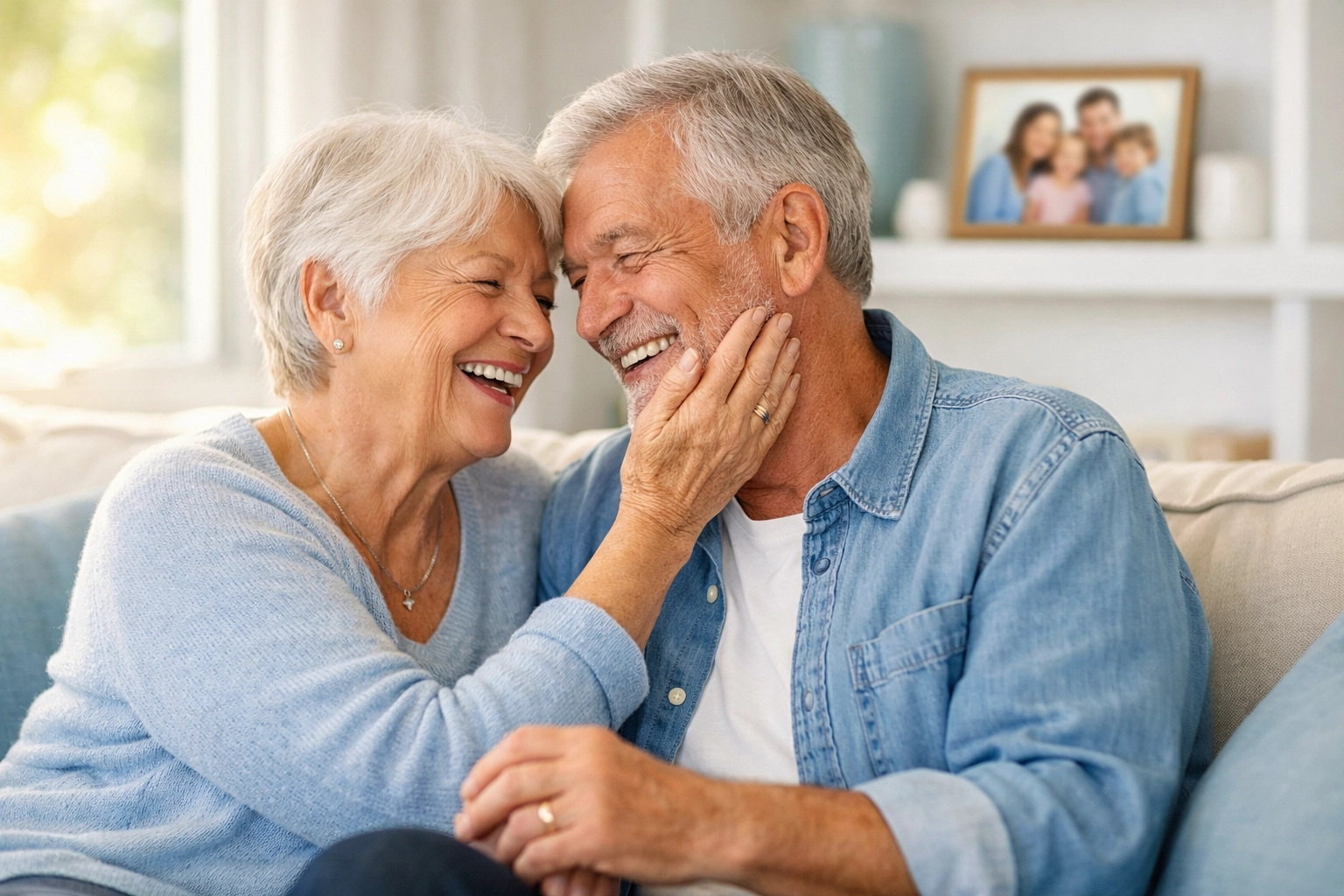 A happy senior couple in their living room representing peace of mind through careful estate planning.