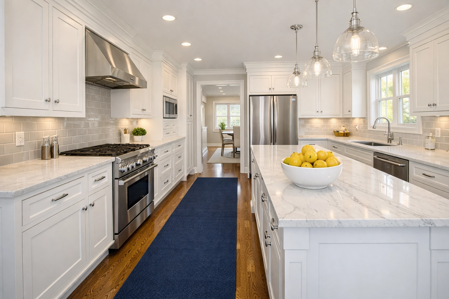 Sparkling Westborough kitchen with white cabinets and marble counters after a professional deep cleaning service.