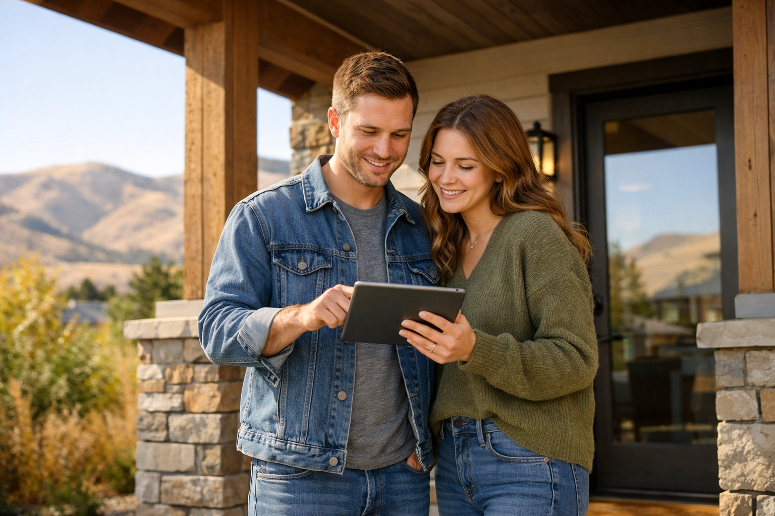 Young couple reviewing Boise home listings on tablet while standing on modern home porch in 2026