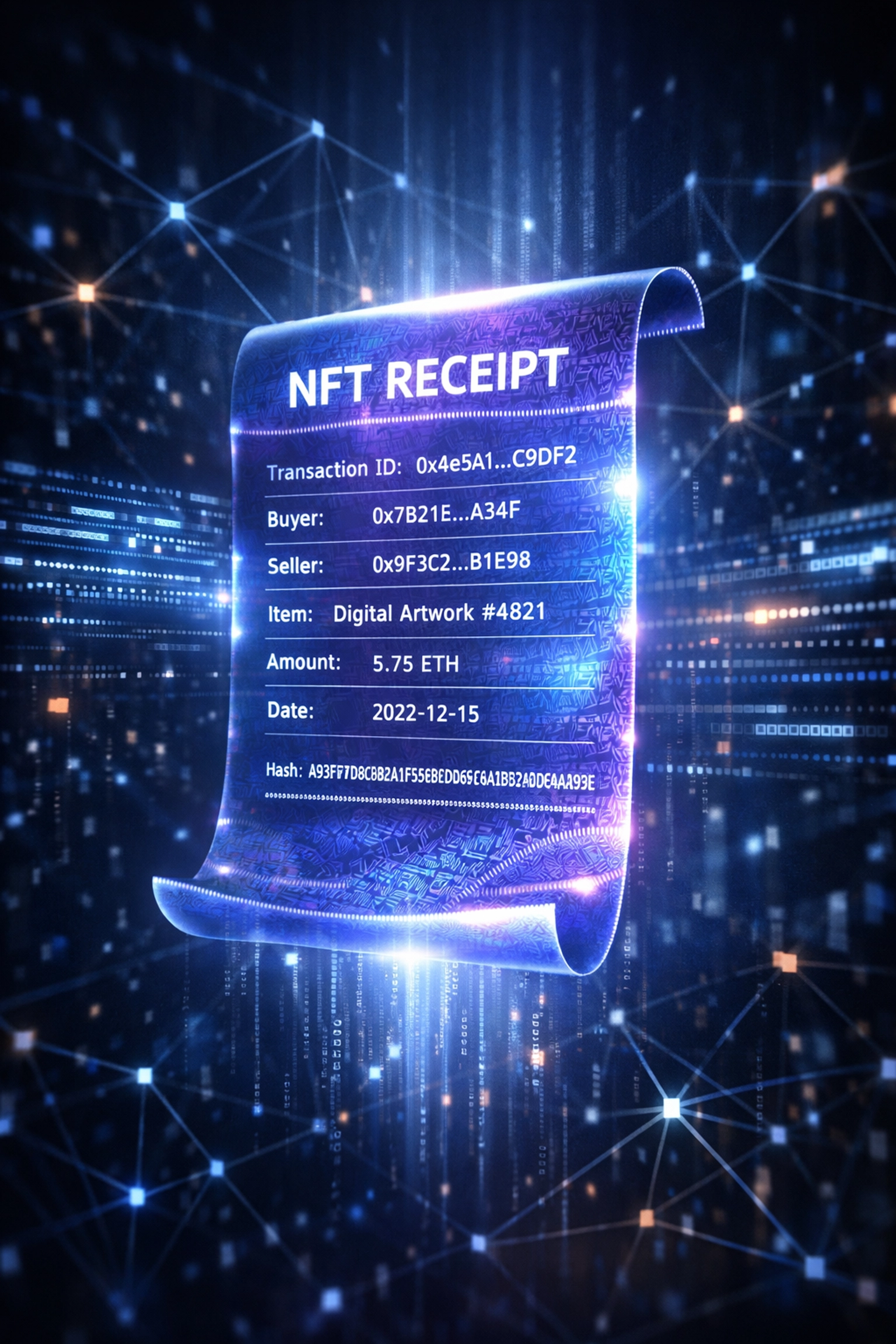 Holographic NFT receipt with blockchain transaction data and cryptographic verification