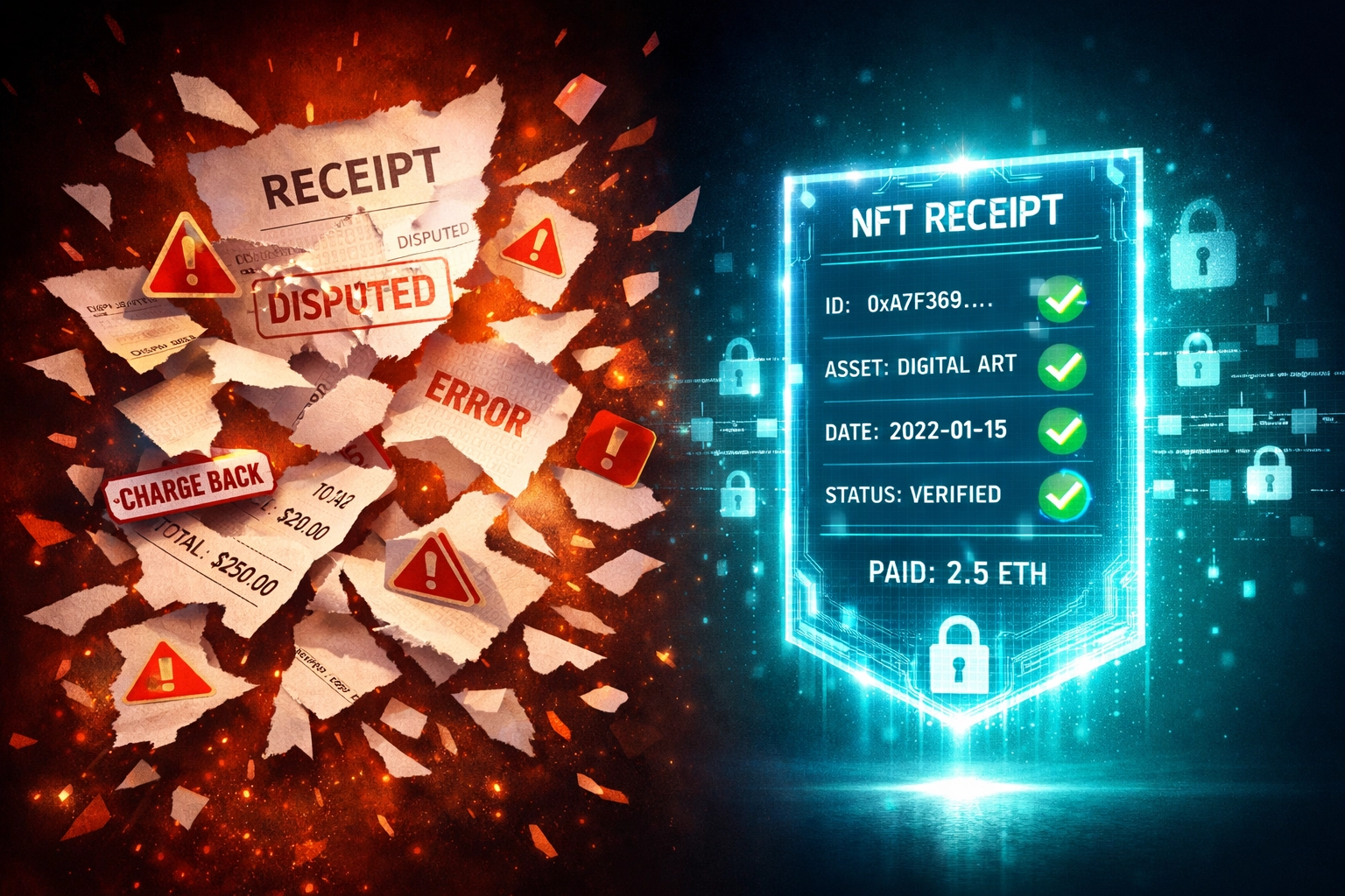 NFT receipt vs traditional paper receipt showing blockchain accounting benefits