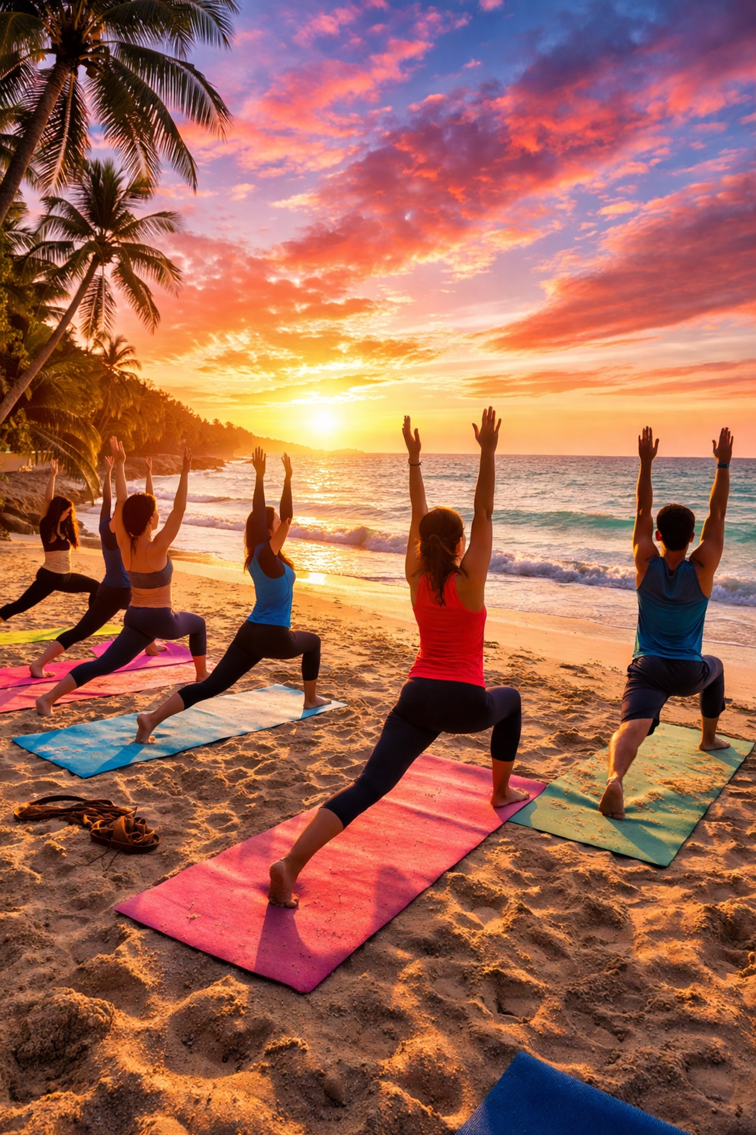 Solo travelers practicing yoga at sunrise on Playa de los Muertos beach in Puerto Vallarta, with palm trees and colorful sky.