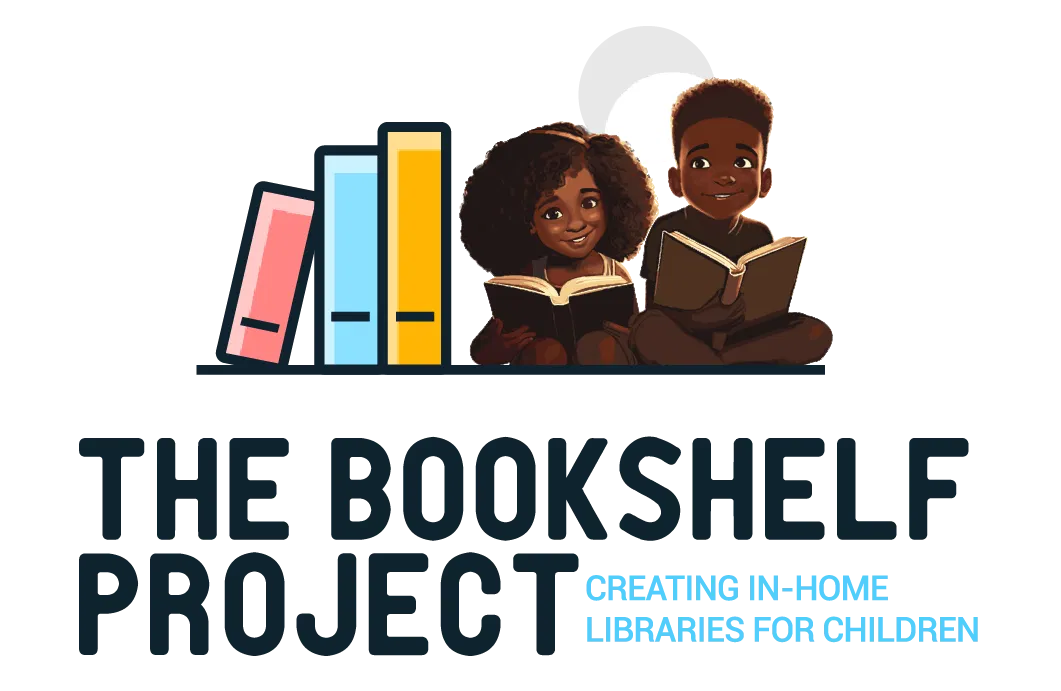 Illustration of two Black children happily reading books in front of a colorful bookshelf with The Bookshelf Project logo.