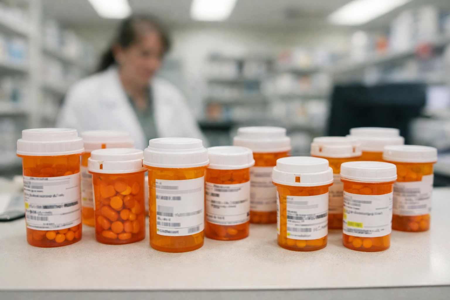 Multiple prescription pill bottles lined up at pharmacy counter showing pattern of early refills
