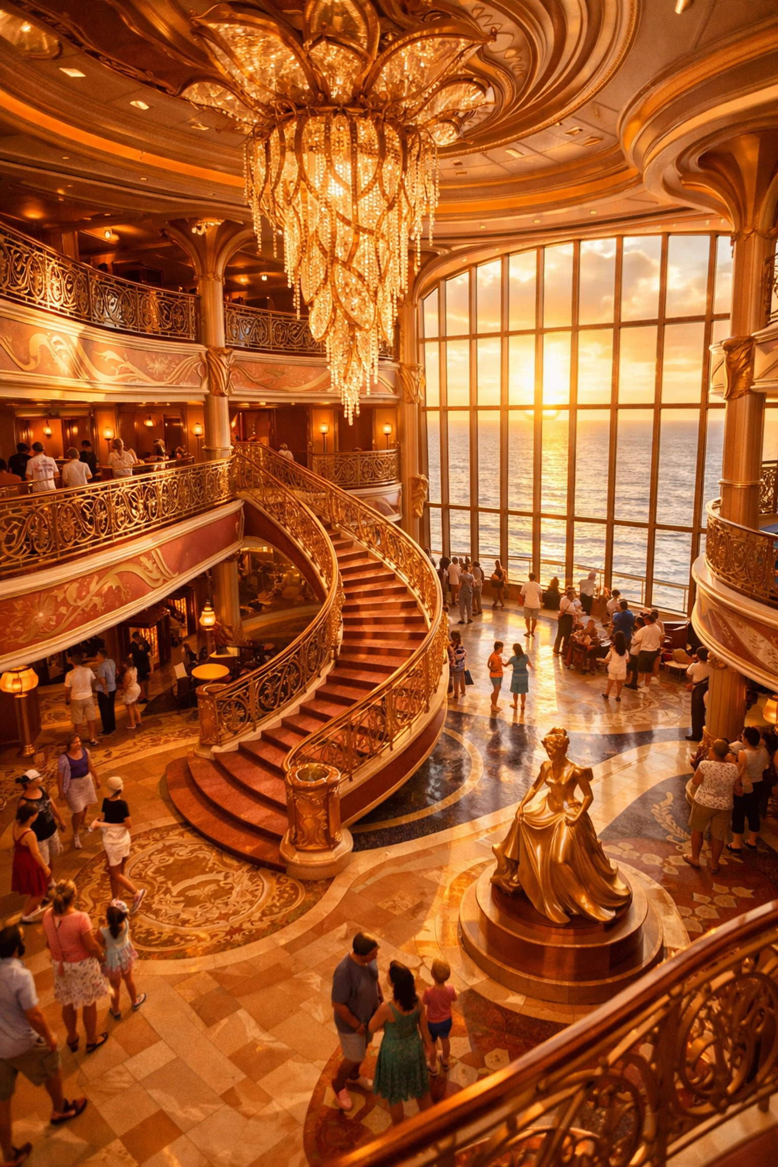 Disney Wish cruise ship grand atrium with families exploring the luxury interior