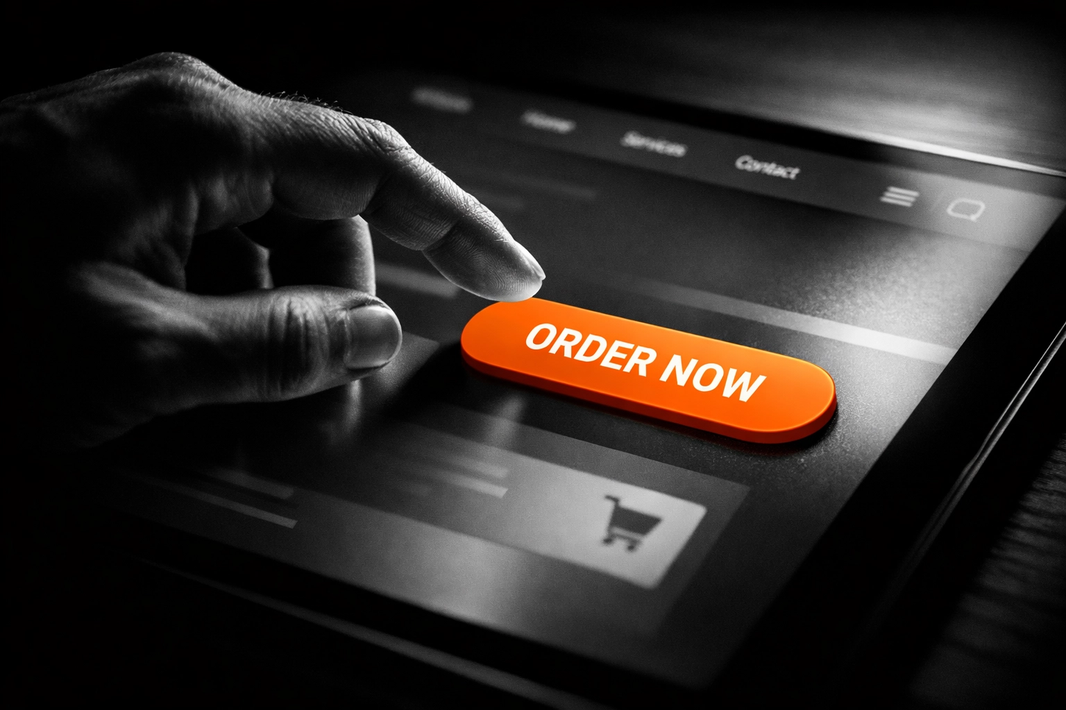 Hand clicking orange call-to-action button on website for lead generation