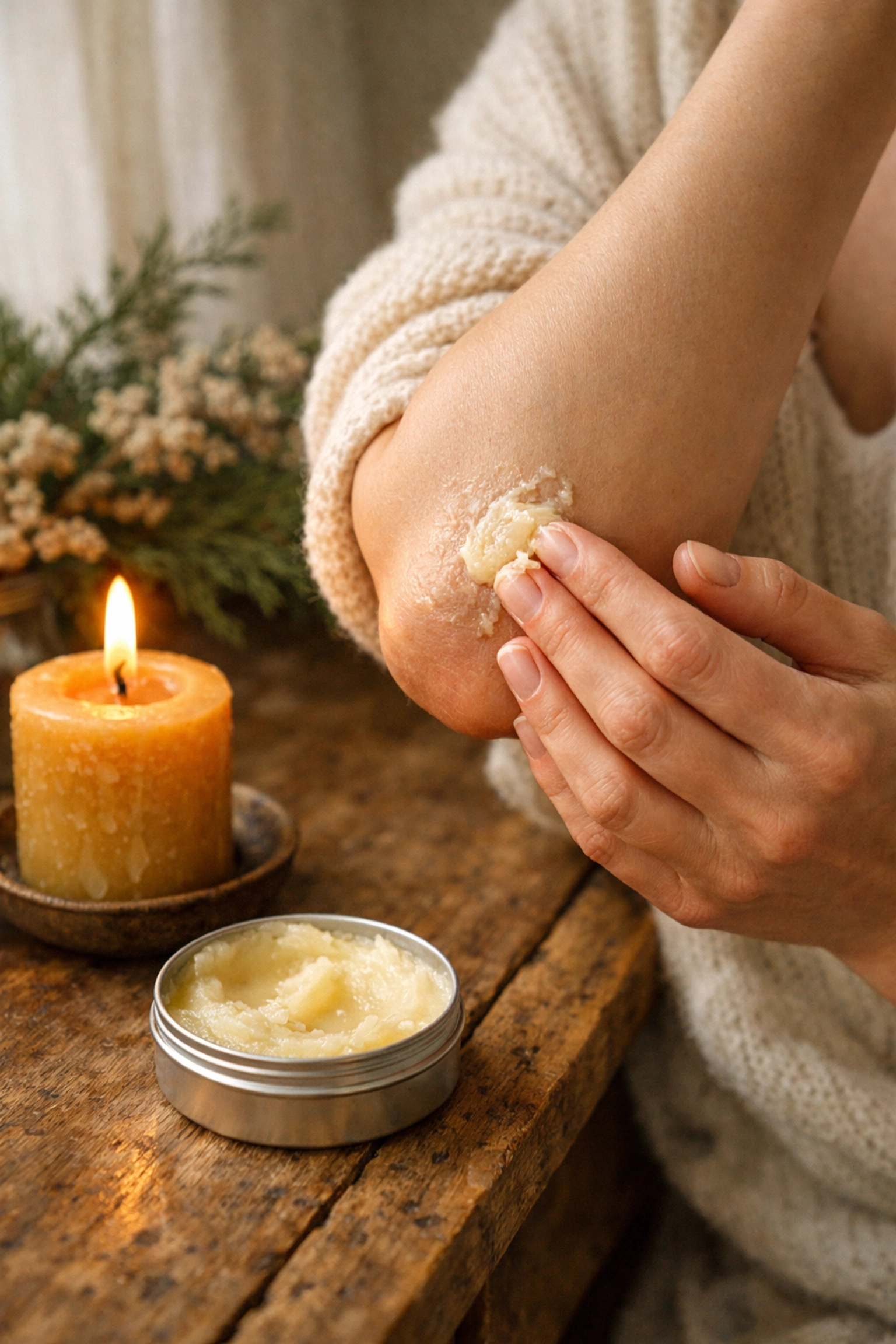 Woman applying grass-fed tallow balm to dry elbows for deep moisture and skin repair