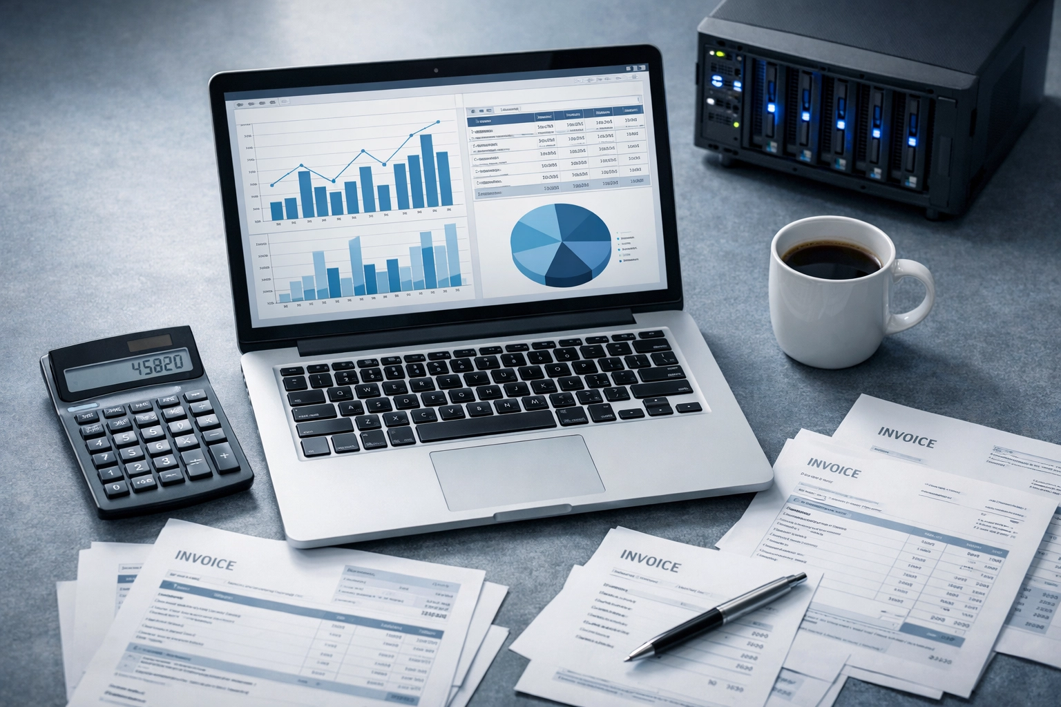 Business desk with laptop displaying IT infrastructure cost analysis and budget planning