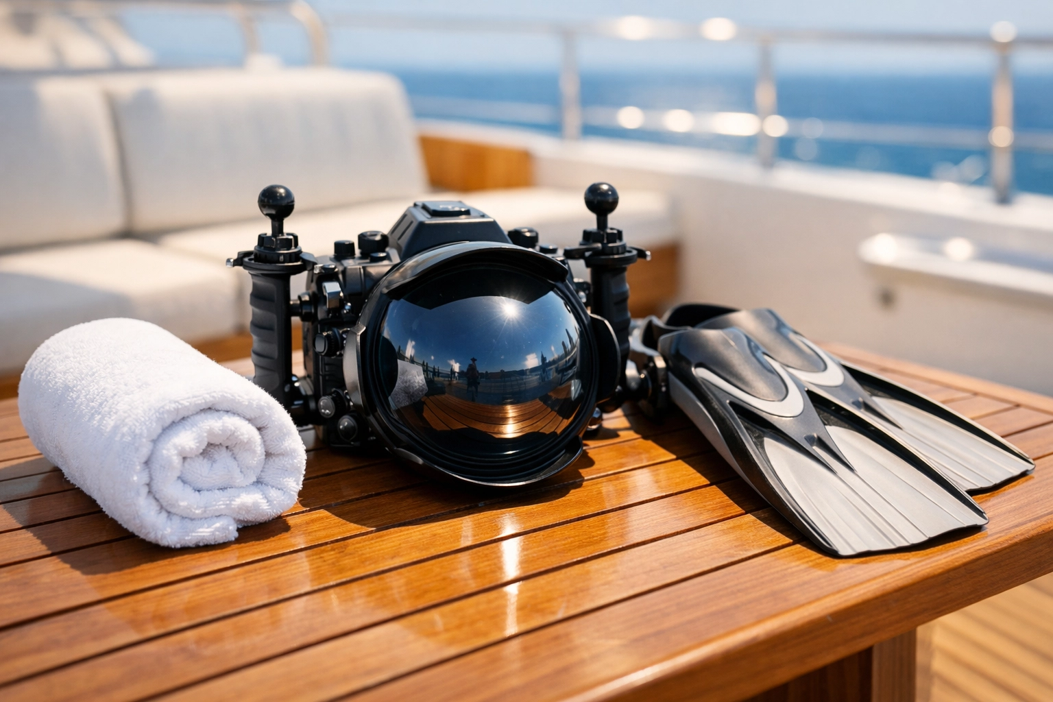 Organized scuba diving gear station with underwater camera housing on a luxury liveaboard dive boat.