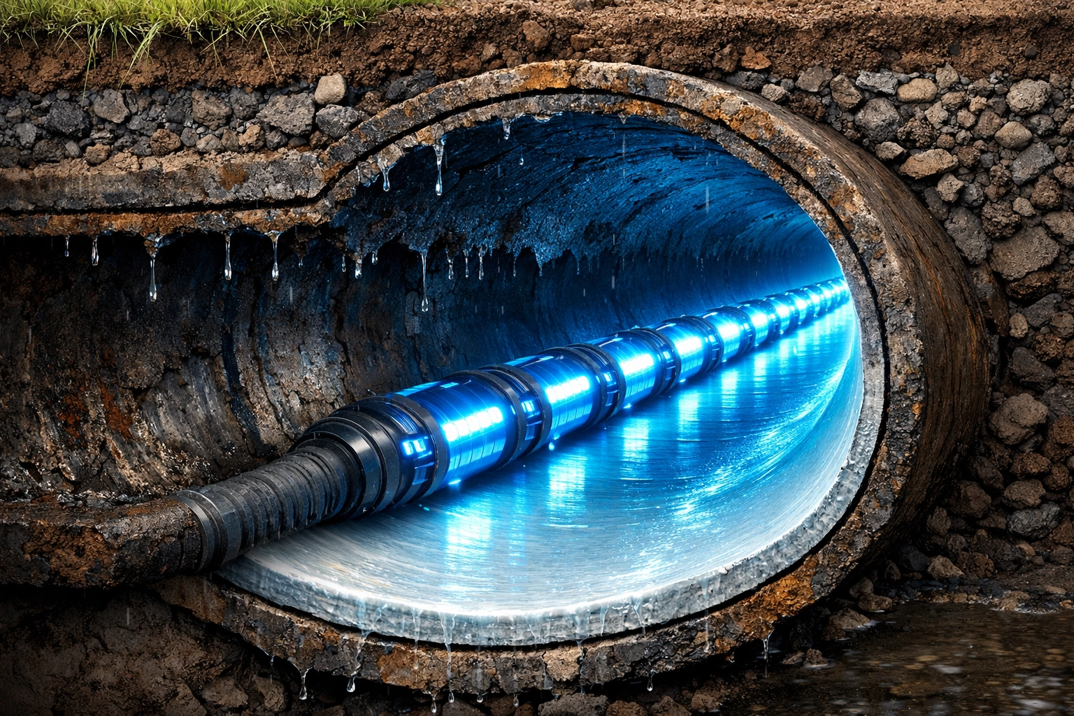 LightRay UV-C technology curing a trenchless pipe liner with ultraviolet LED lights underground.