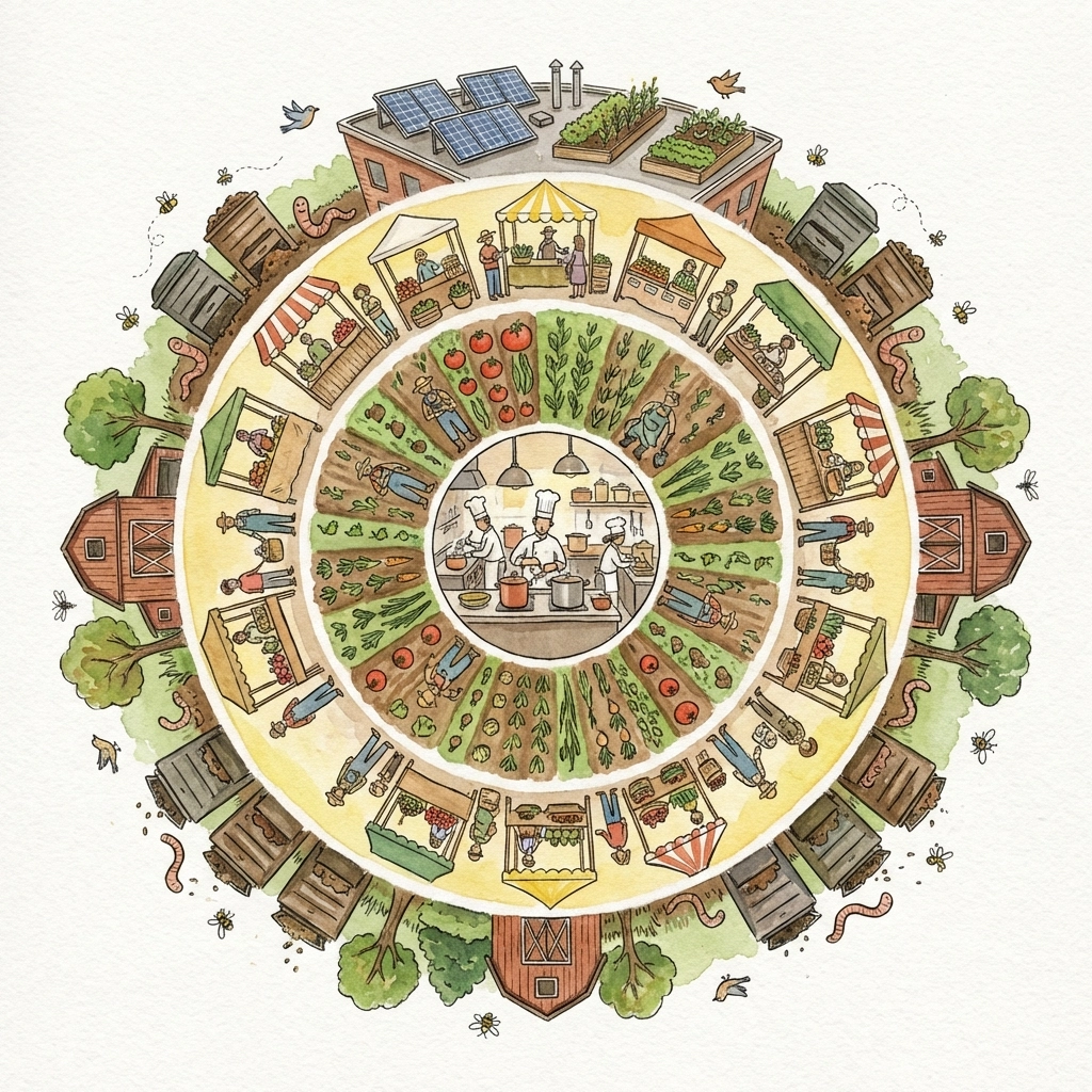Circular farm-to-table illustration with restaurant kitchen, local fields, market, compost bins, and solar panels, highlighting restaurant sustainability trends.