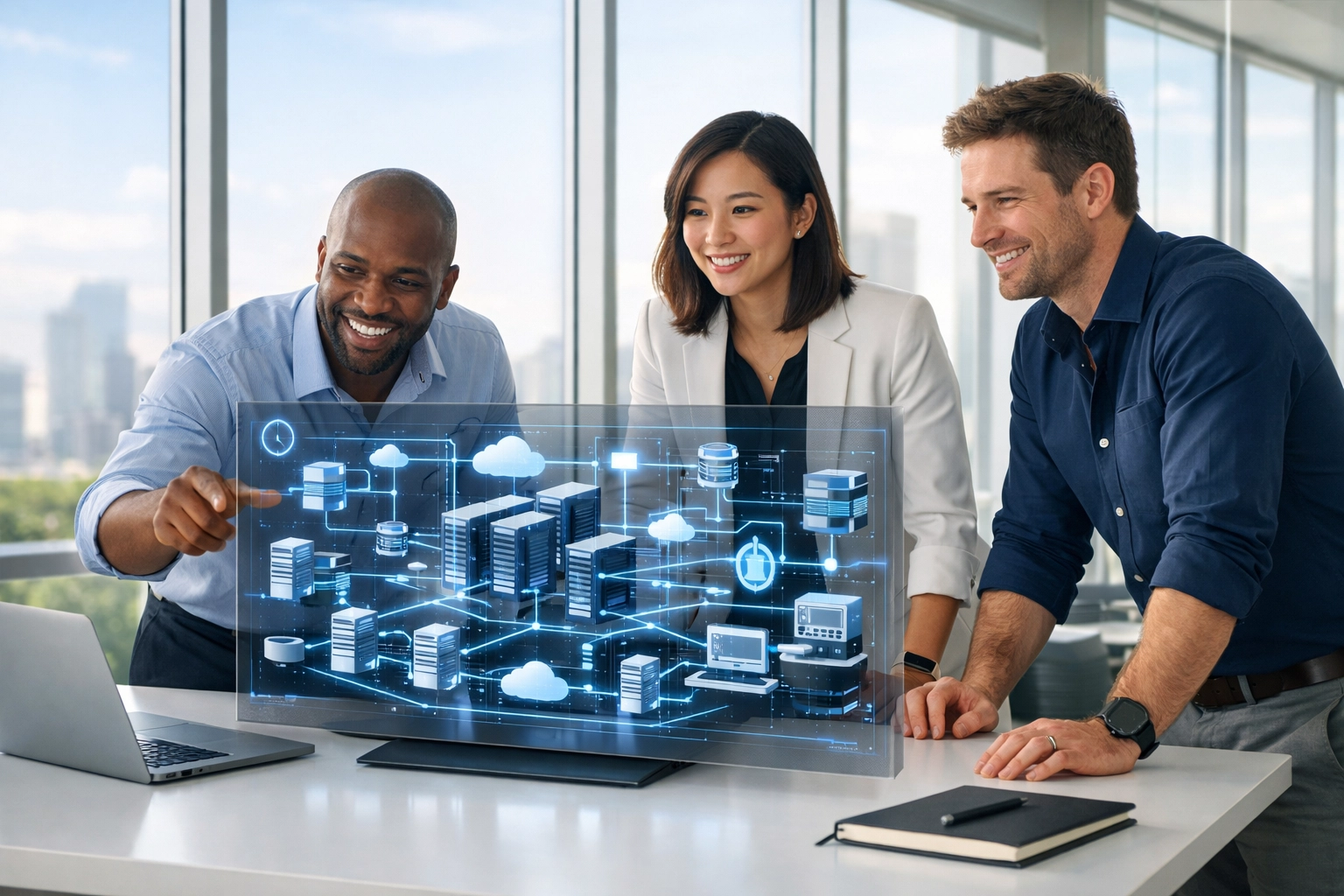 ServiceNow implementation partner team reviewing ITOM network topology in a modern office.