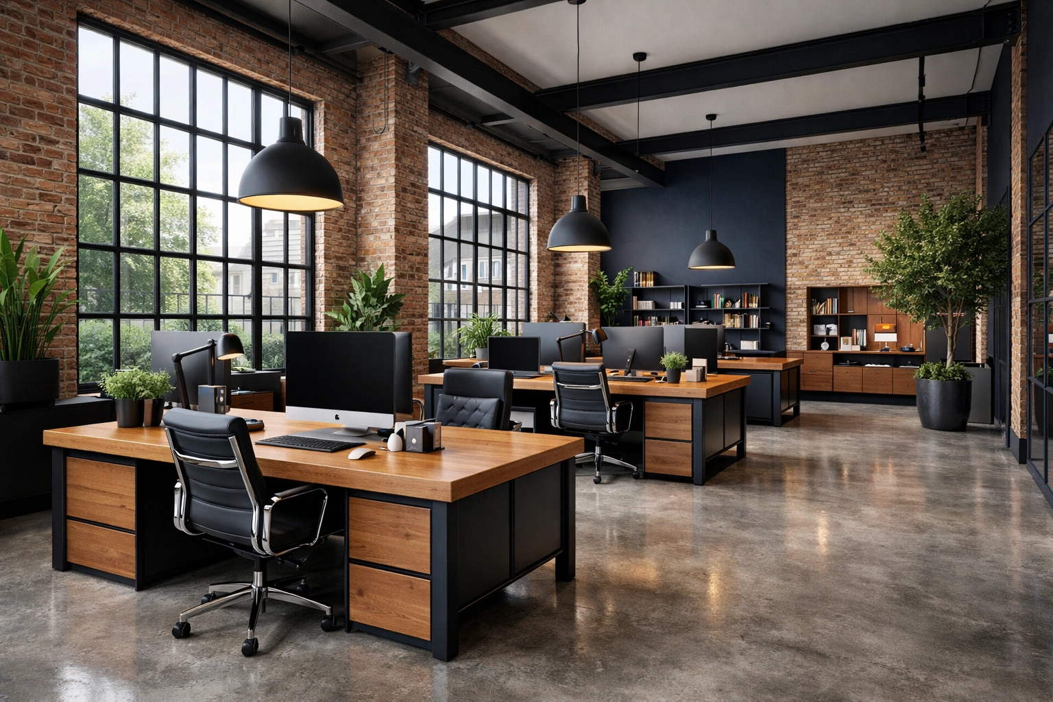 A modern, permanent office workspace with large windows, reflecting business stability through property ownership.