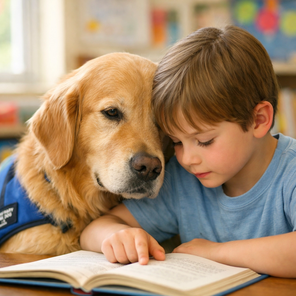 Therapy dog Golden Retriever calmly sitting beside child reading in classroom
