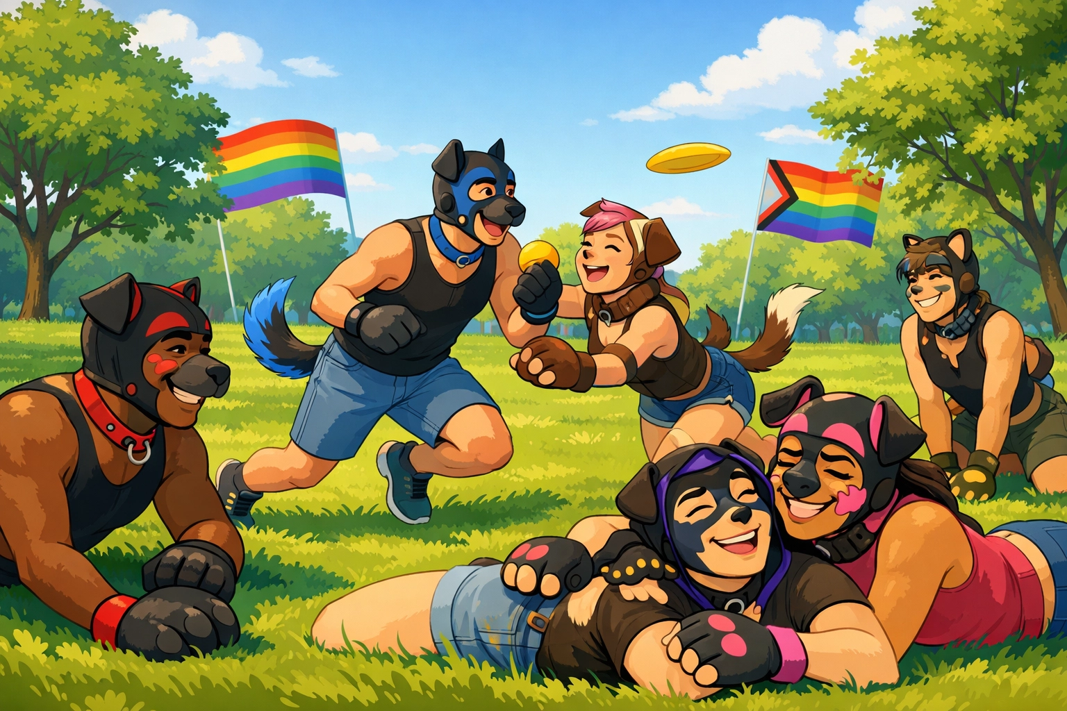 LGBTQ+ pup play community gathering in park showing non-sexual pack dynamics