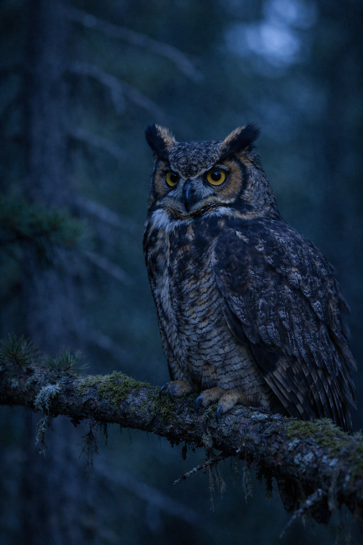 Great Horned Owl on a mossy branch at twilight, highlighting natural lighting and sustainable photography.