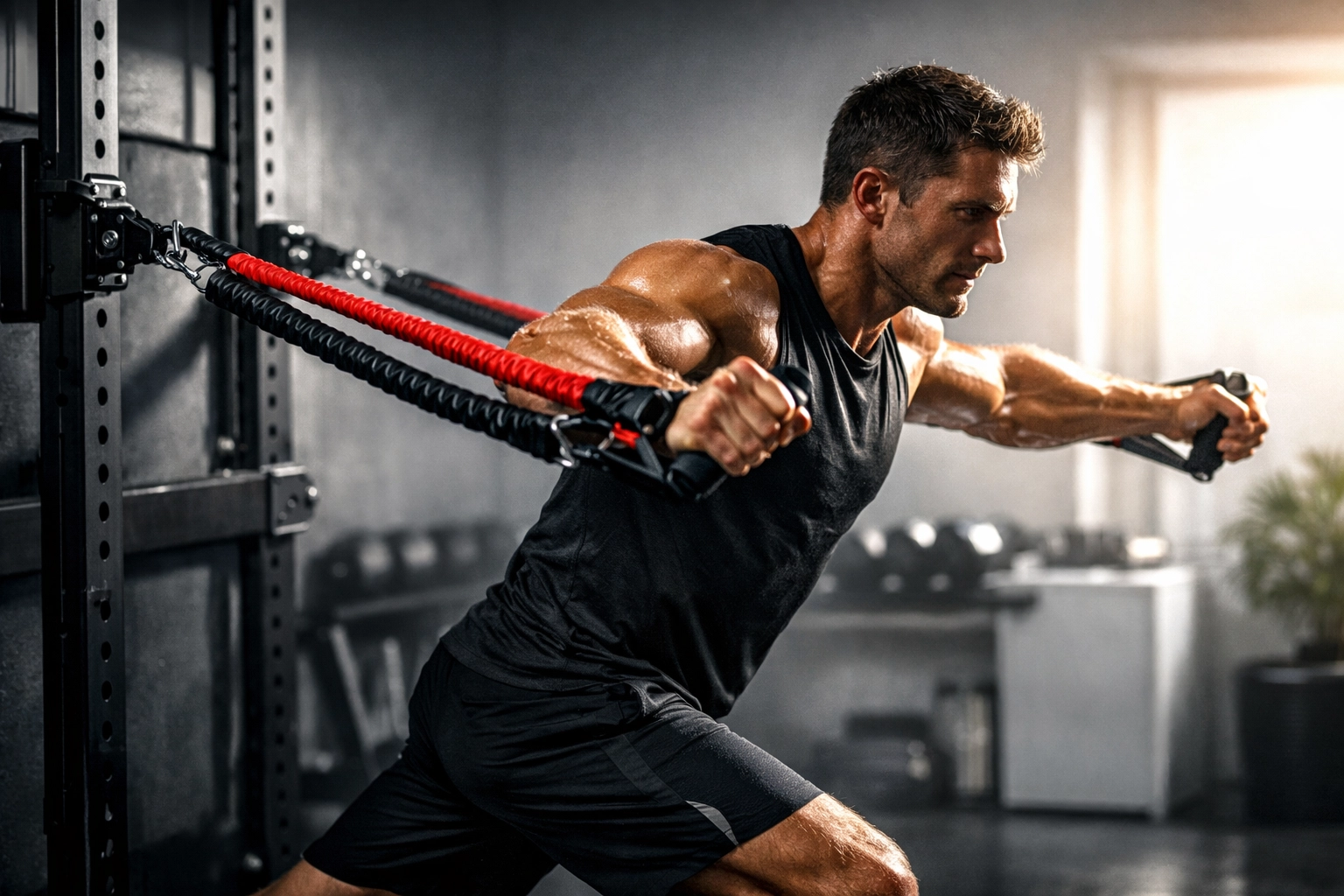 Athlete performing resistance training using bands for a full body workout at home on a versatile home gym.