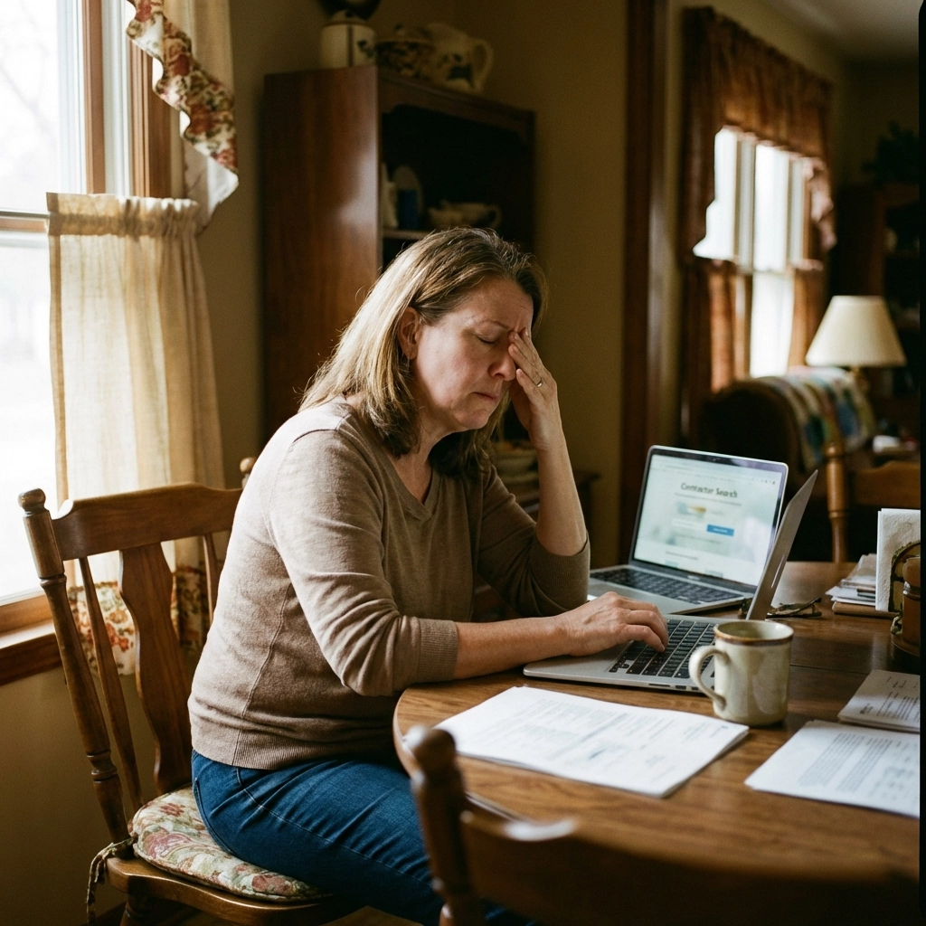 Homeowner at kitchen table looking frustrated while searching contractor websites on laptop