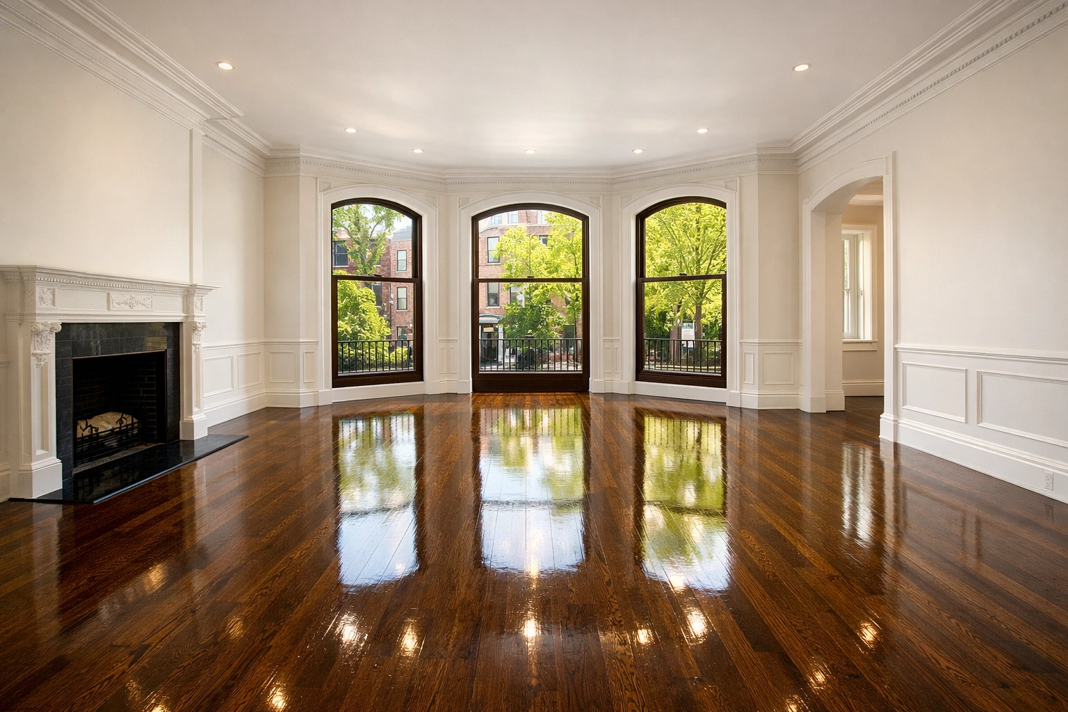Empty living room with polished floors after a thorough Boston apartment move-out cleaning.
