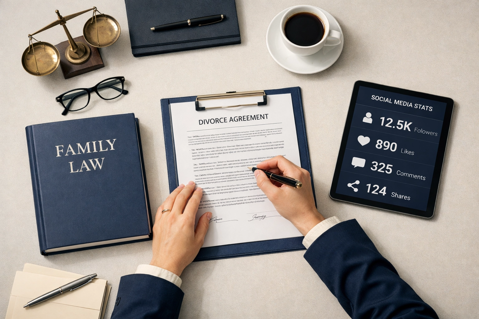 Family law attorney reviewing digital marketing analytics at desk