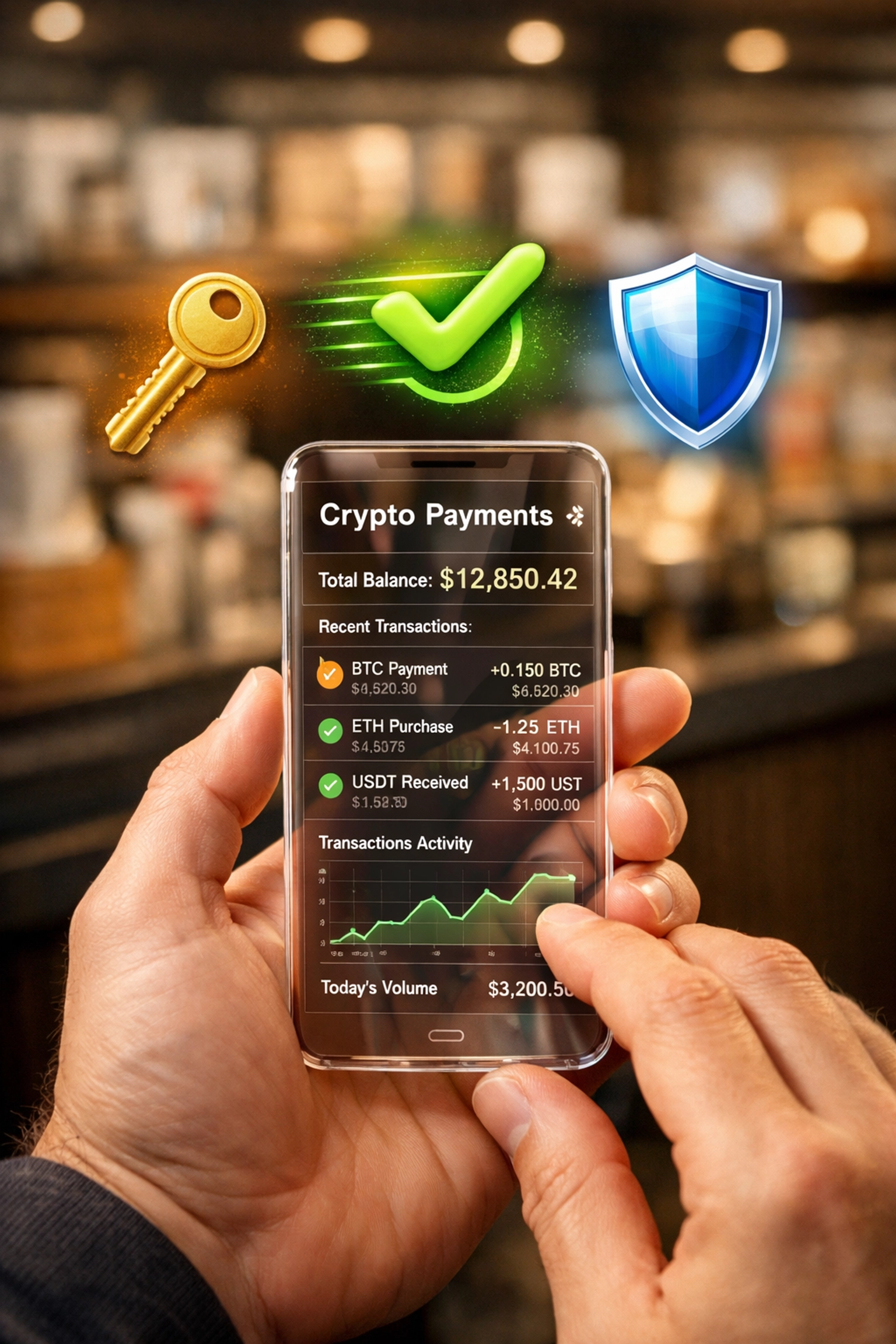 Merchant using crypto payment dashboard showing self-custody keys and instant settlement features