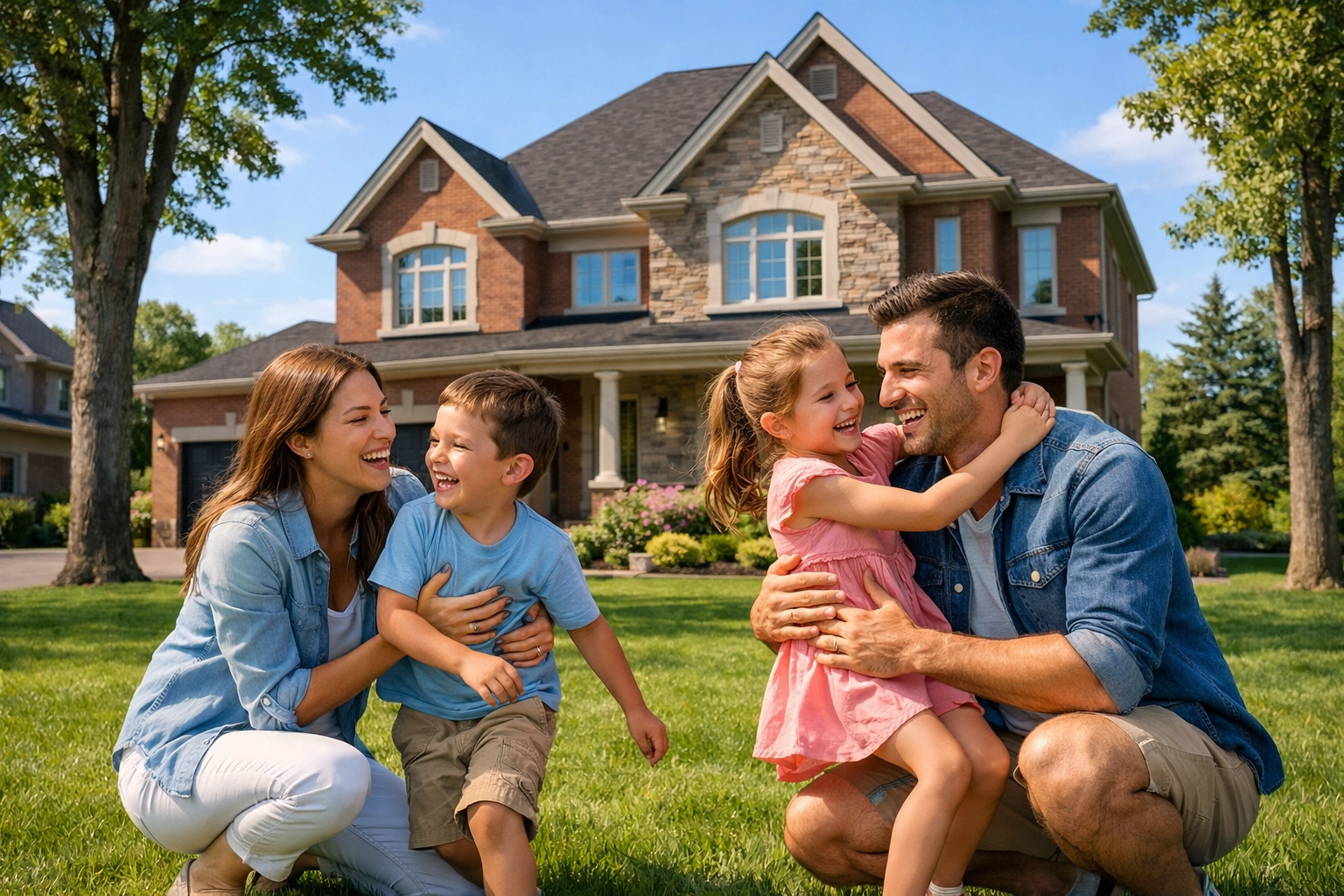 Happy family in the front yard of a modern brick house in a quiet neighborhood, showcasing Markham homes for sale.