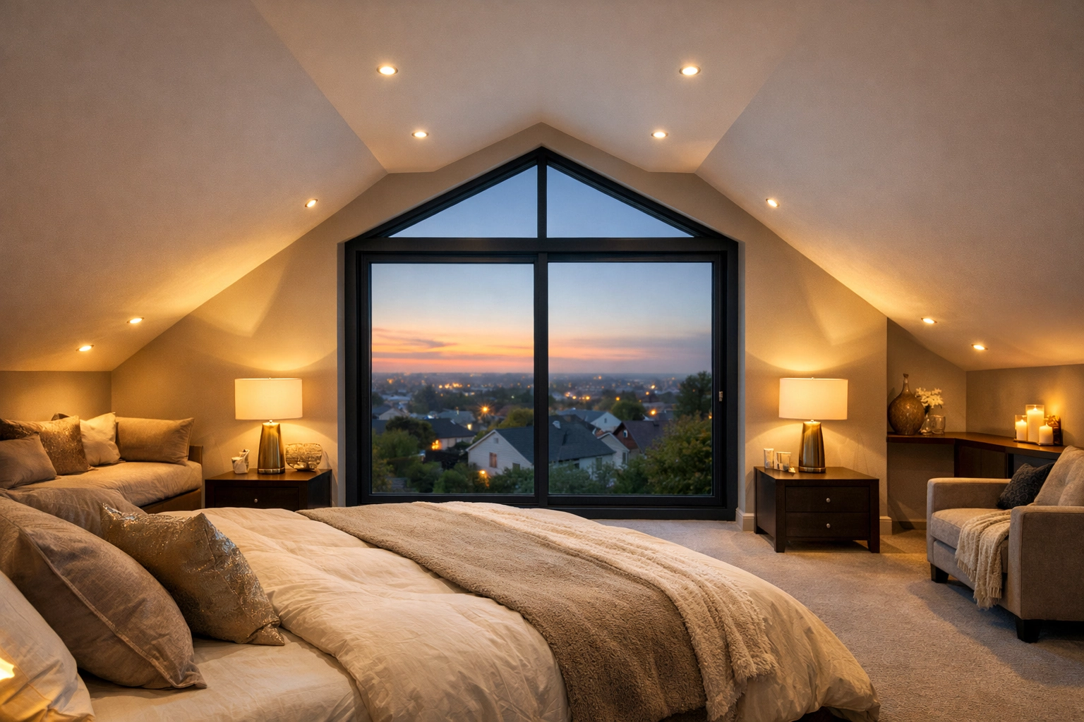 Spacious master bedroom in a hip-to-gable loft conversion with a vertical gable wall.