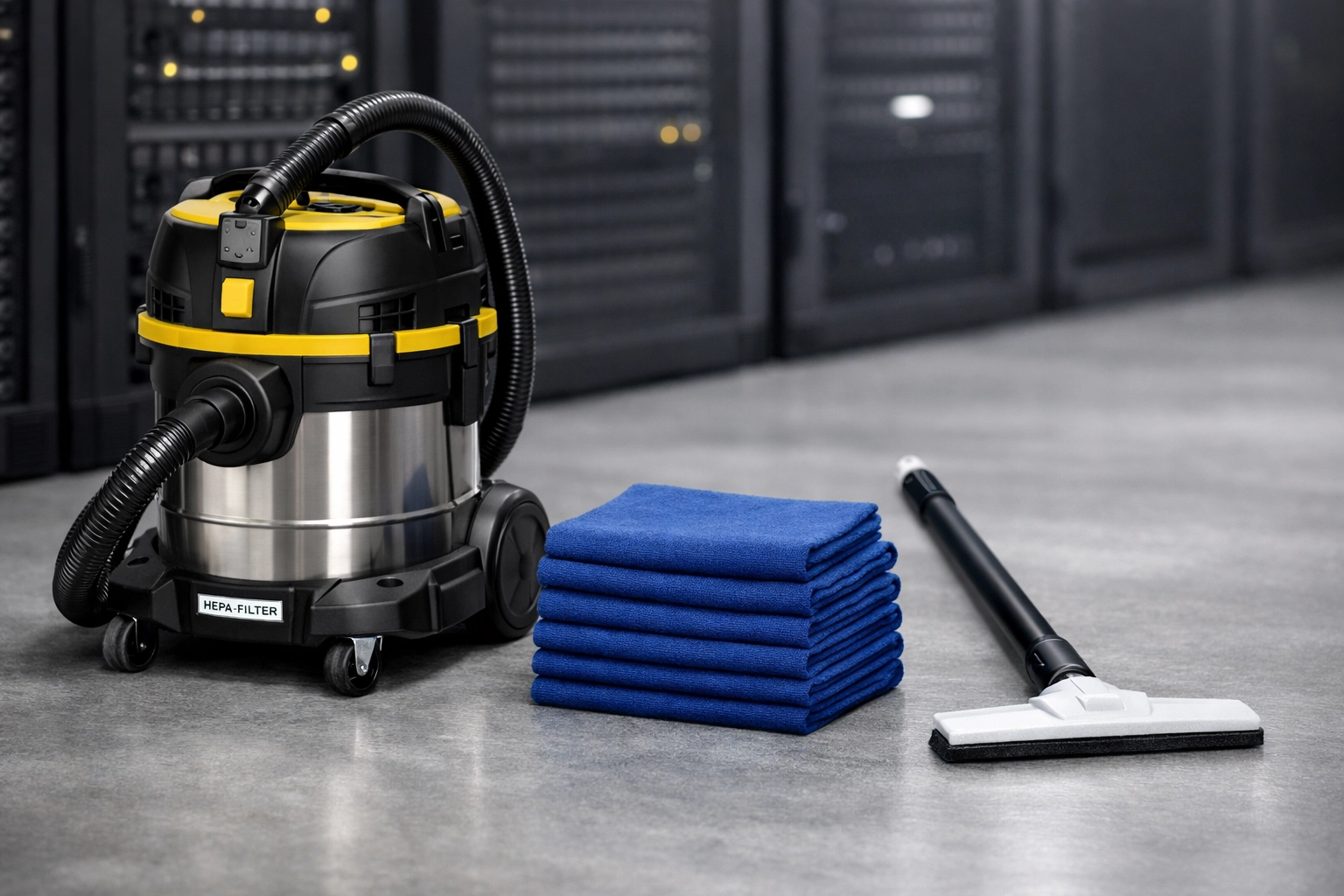 Professional data center cleaning kit featuring a HEPA vacuum and anti-static microfiber cloths.