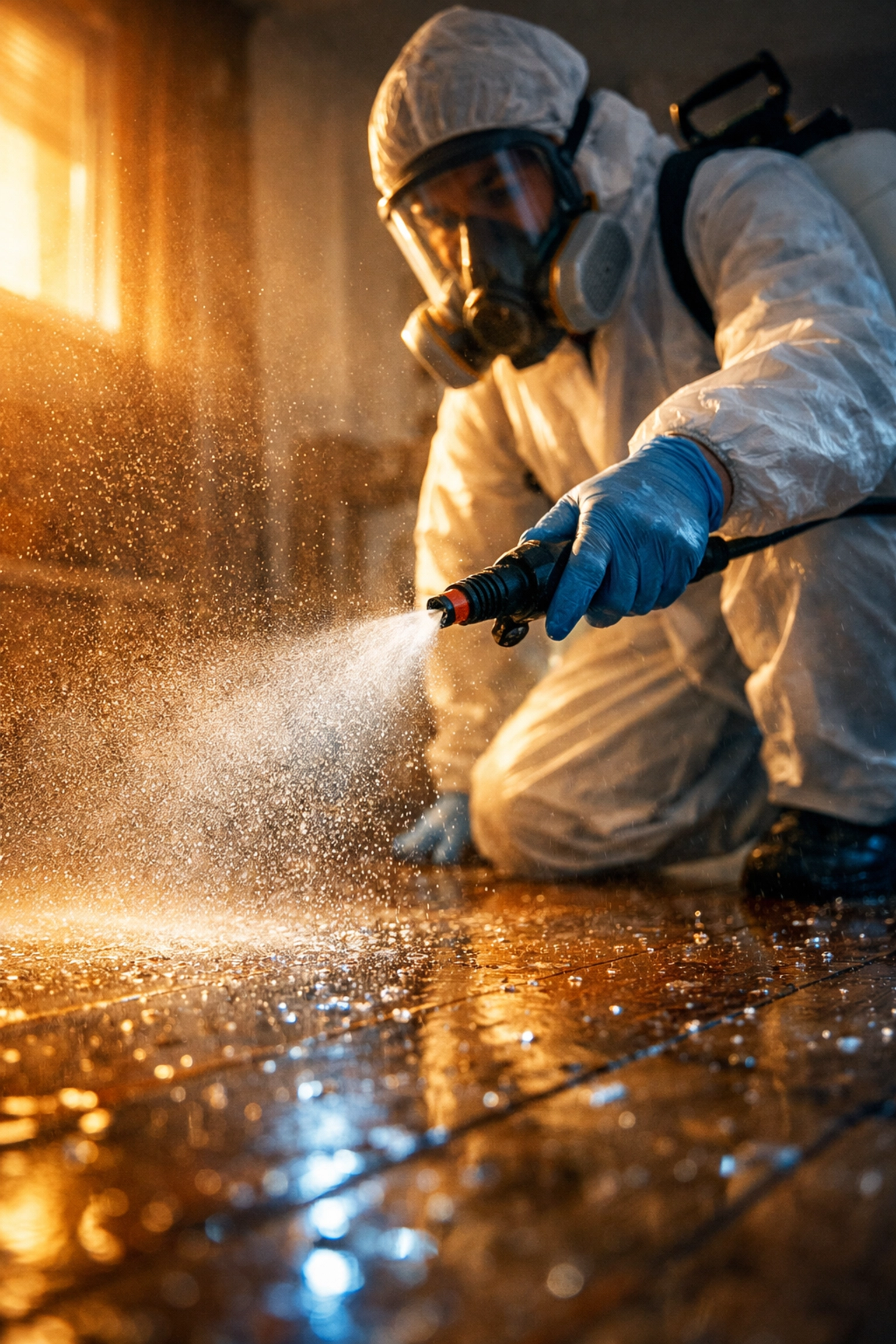 Professional technician sanitizing water-damaged hardwood floors with antimicrobial treatment
