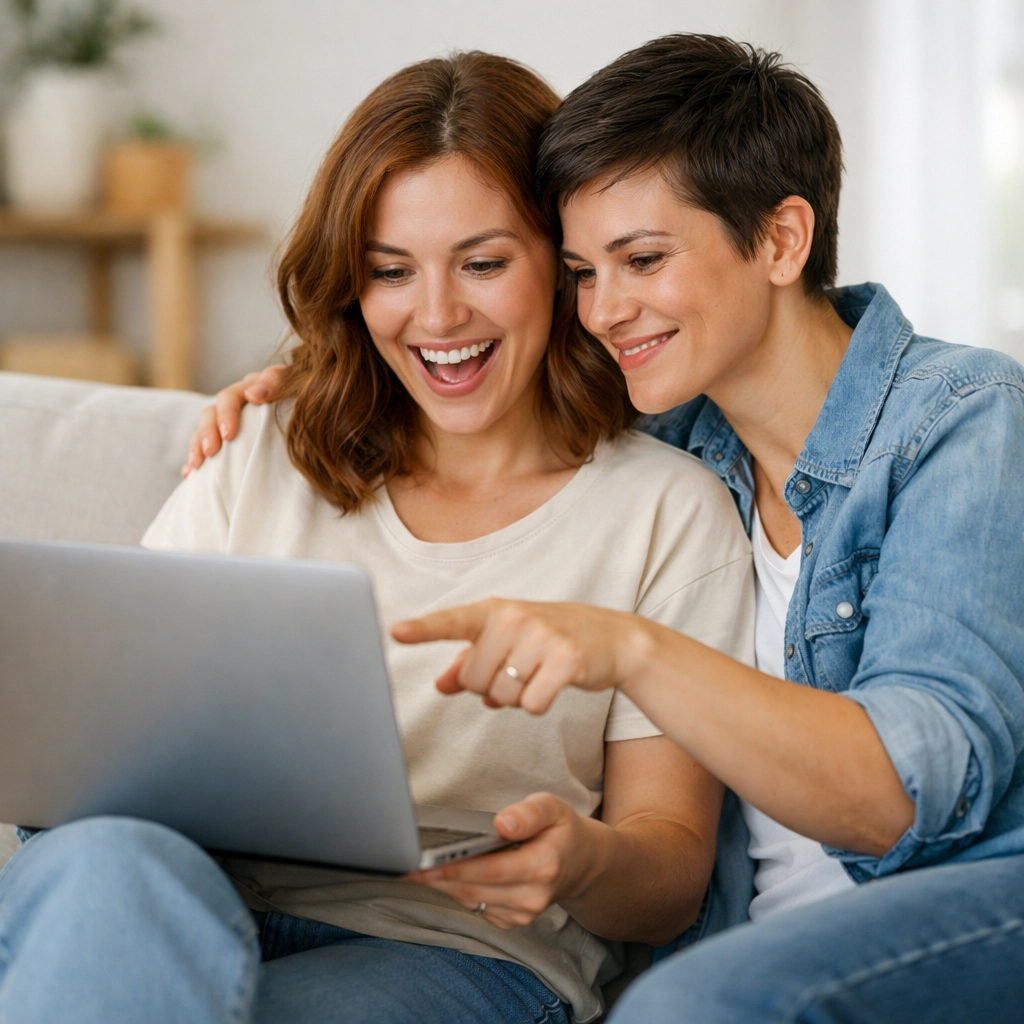Excited lesbian couple reviewing their book's success on a laptop within a supportive queer publishing community.