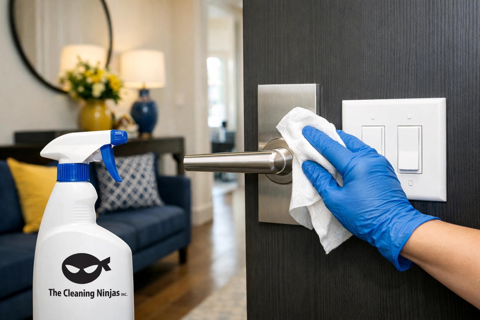 Sanitizing a door handle and light switch during a professional The Cleaning Ninjas house cleaning session.