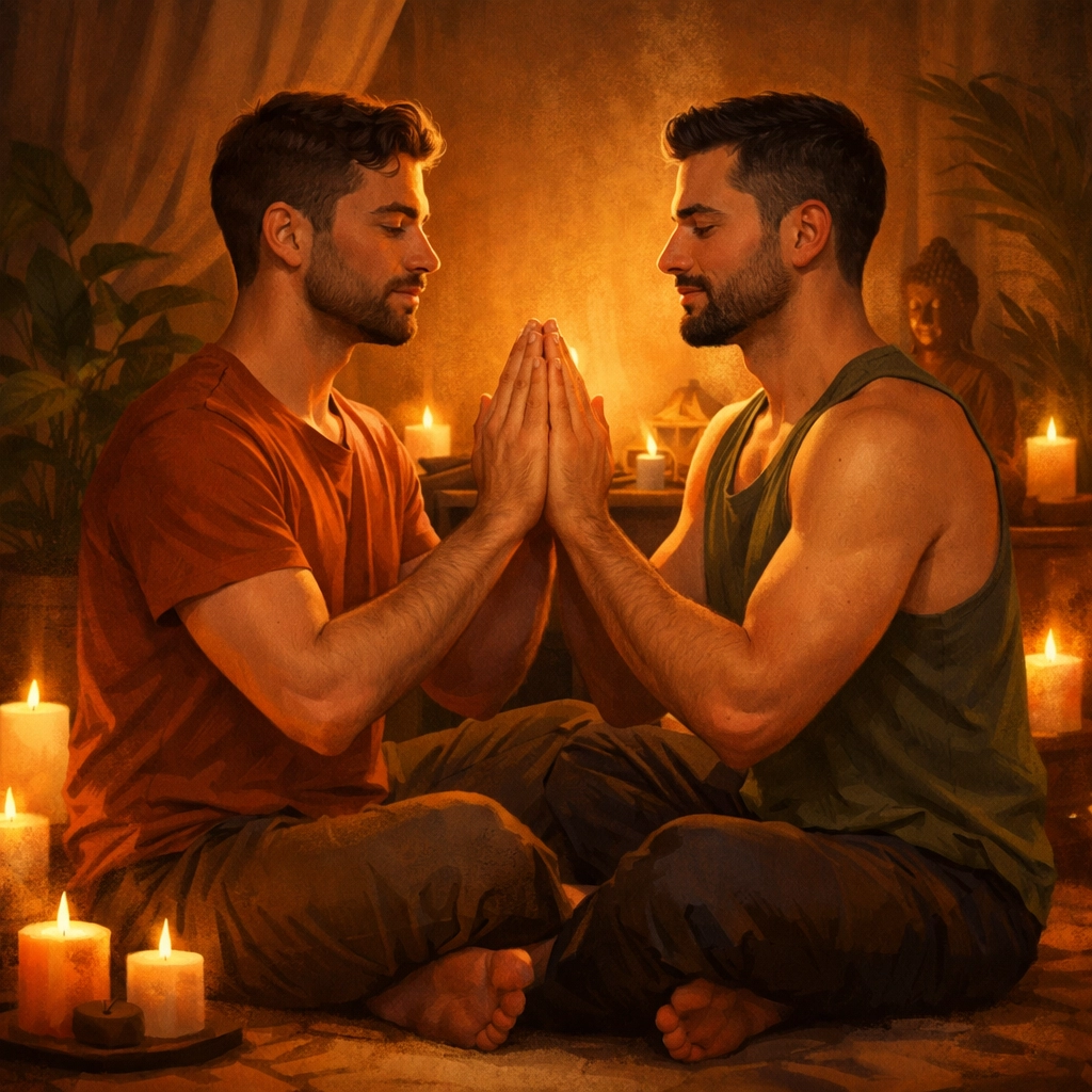 Gay couple practicing mindfulness and meditation together for deeper connection