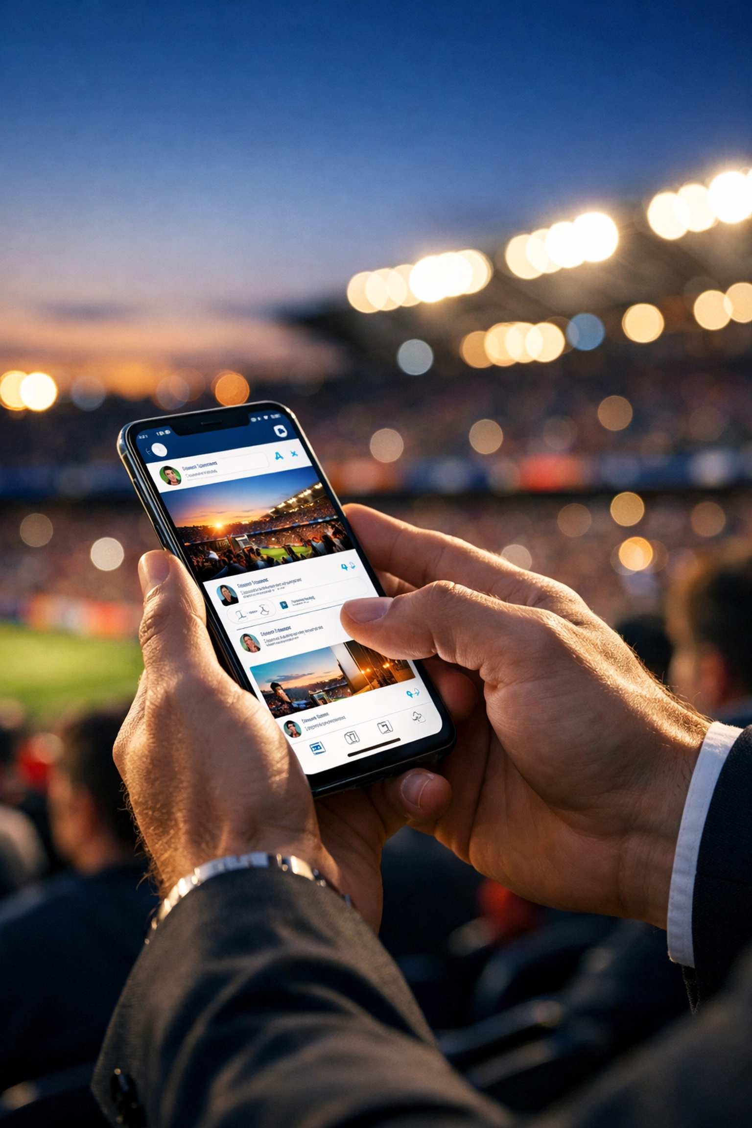 Fan using a smartphone for social media engagement inside a vibrant sports stadium during a major event.