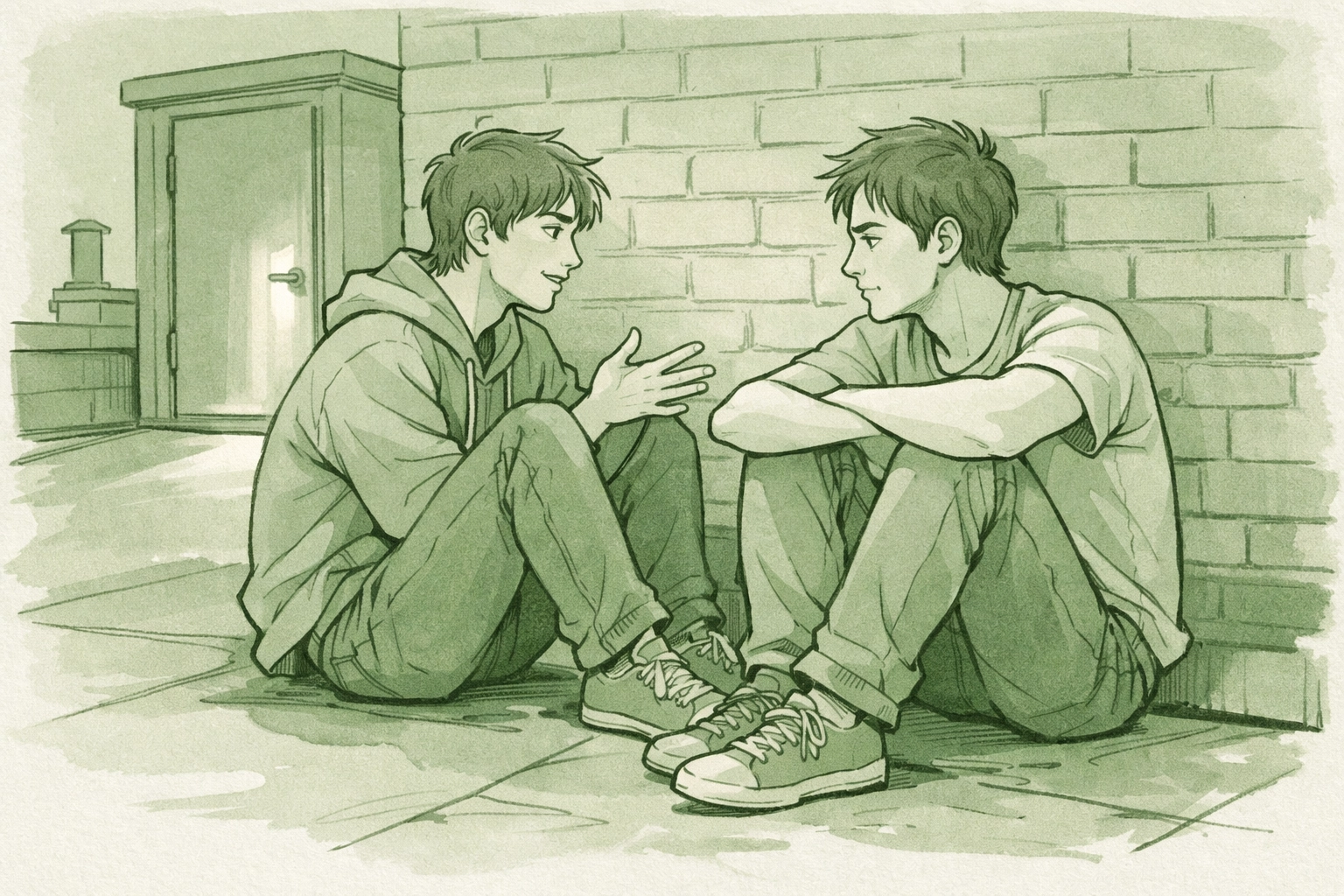 Two college men in deep conversation on rooftop during emotional confession moment