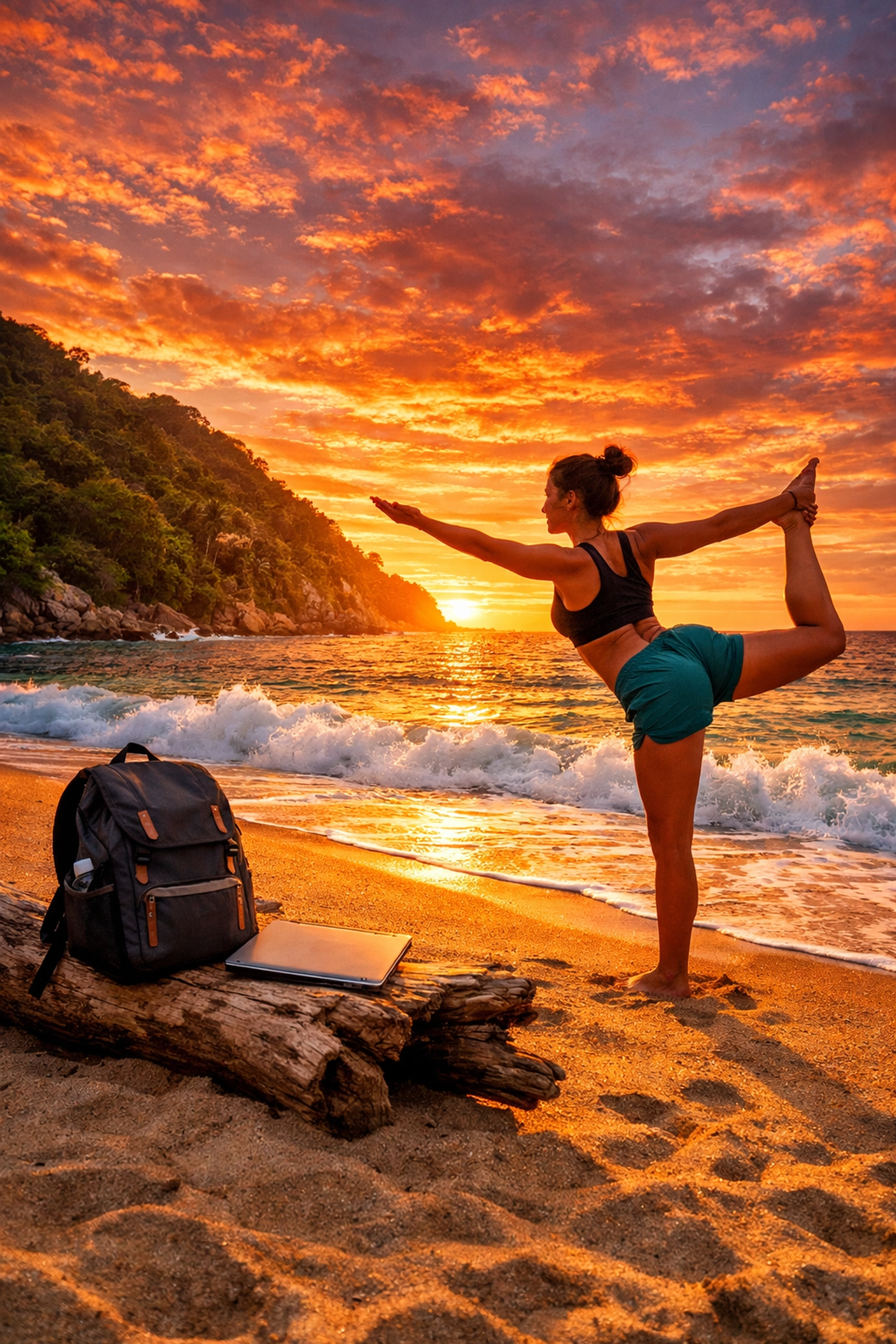 Digital nomad practicing yoga on the beach in Puerto Vallarta near Amapas rental condos during a vibrant sunset.