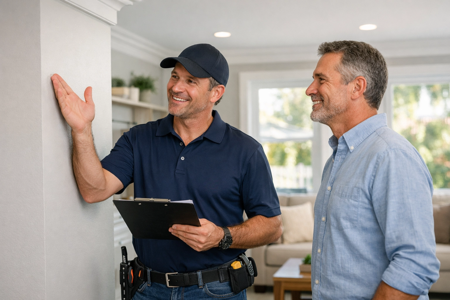 Orlando remodeling expert discussing home renovation details with a happy client in a modern living room.