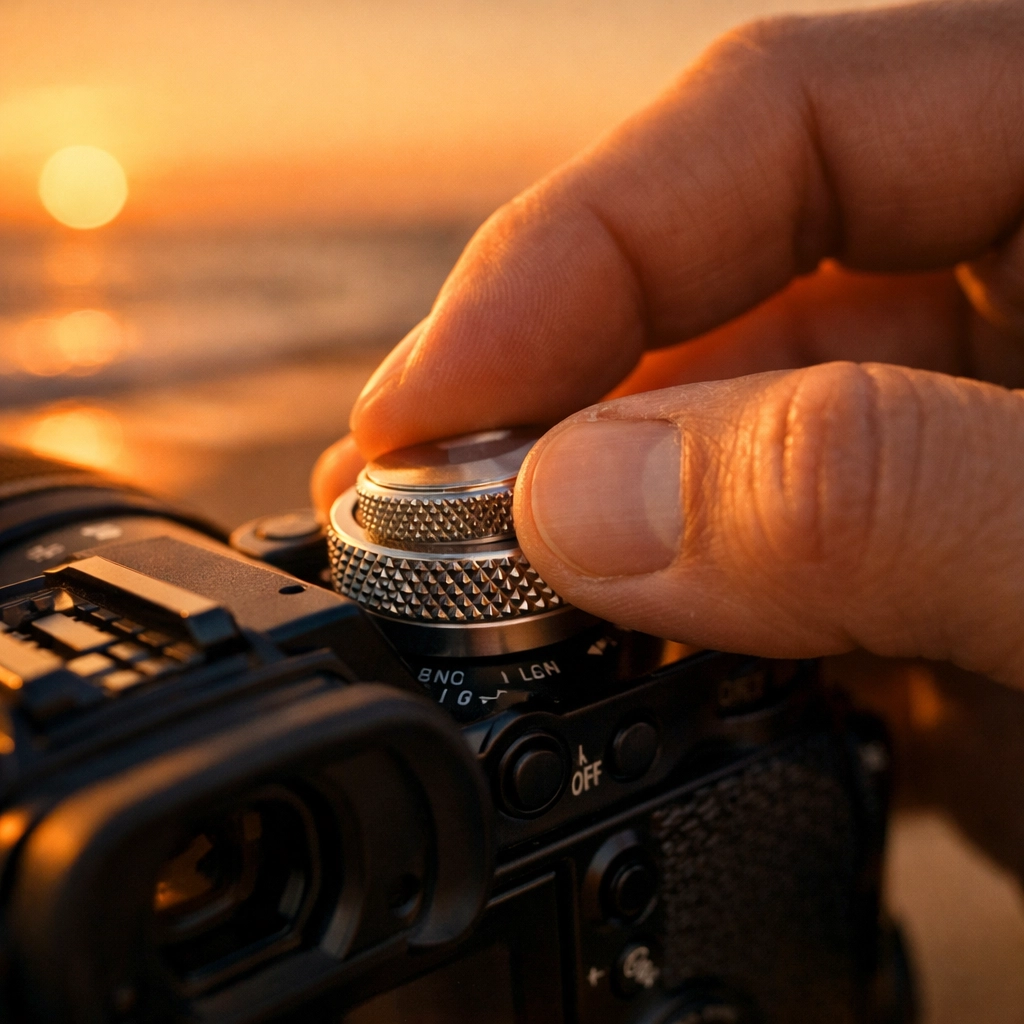Hands adjusting manual settings on one of the best mirrorless cameras during a beautiful sunset shoot.