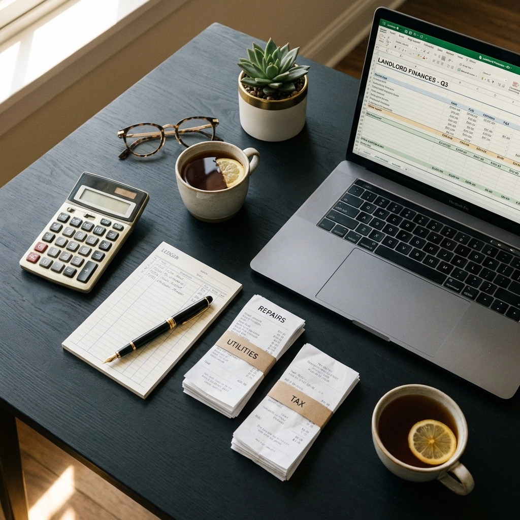 Overhead view of landlord financial documents, laptop, and calculator for rental income and tax preparation