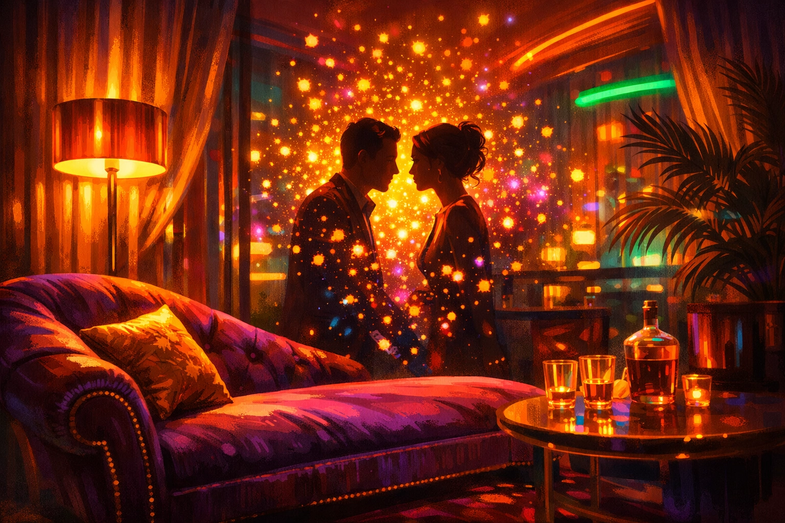 Two silhouettes communicating boundaries and trust in a private, neon-lit lounge setting.