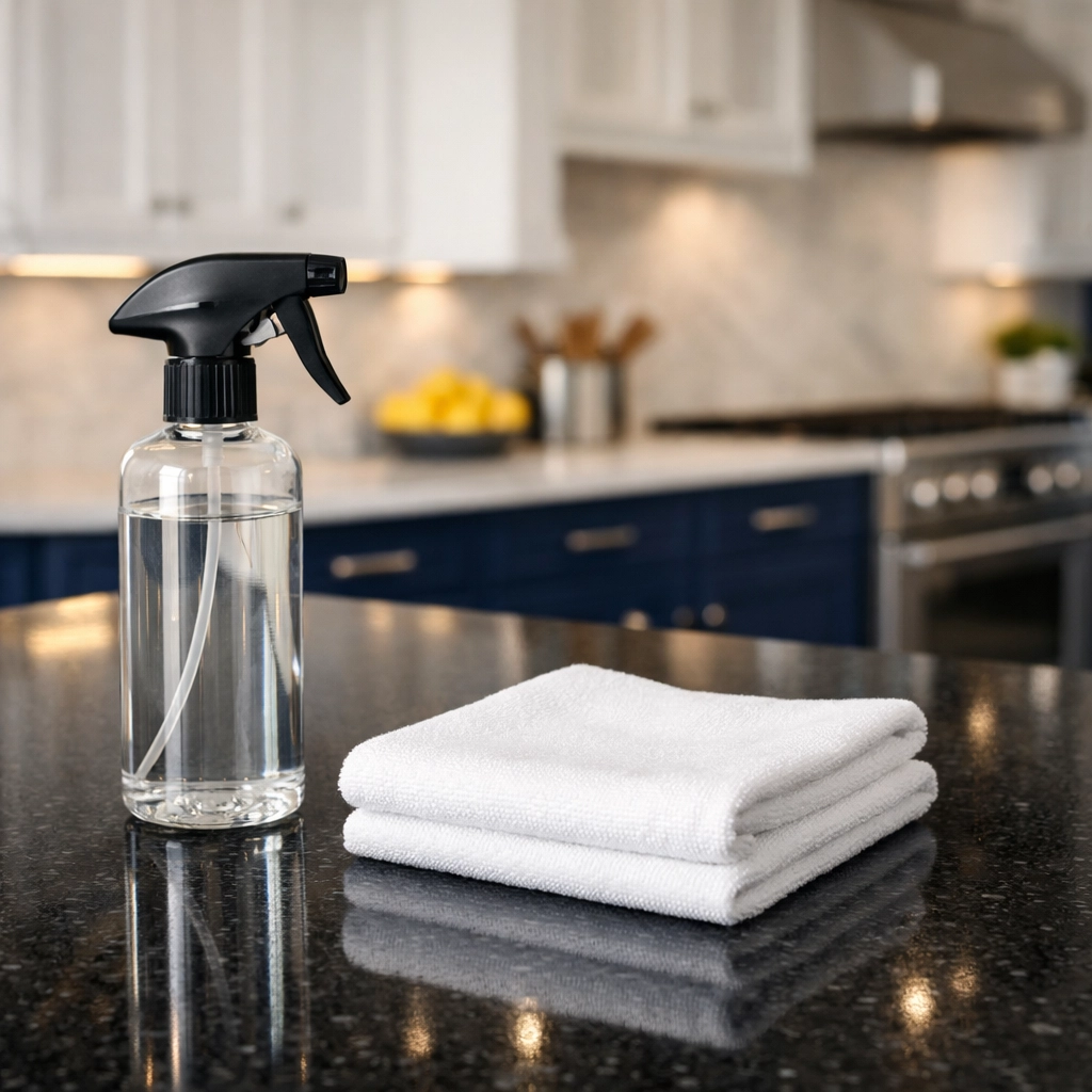 Eco-friendly move-out cleaning Worcester supplies on a sparkling granite kitchen island in a modern home.