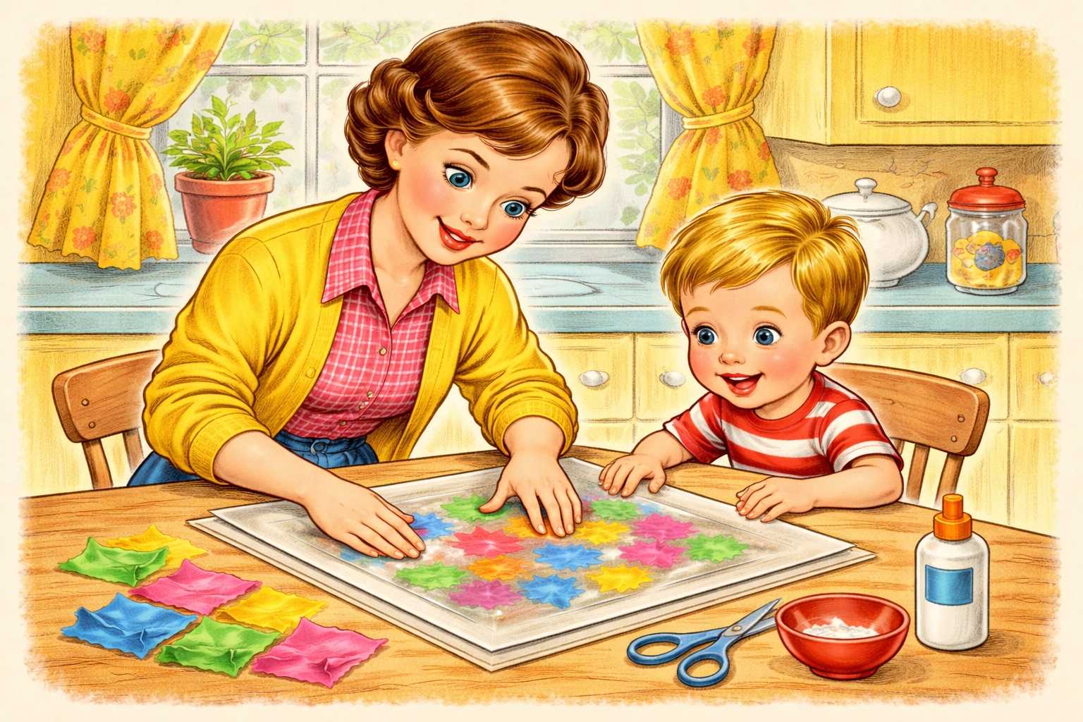 A parent and child seal tissue paper between contact paper sheets while making a tissue paper suncatcher together.