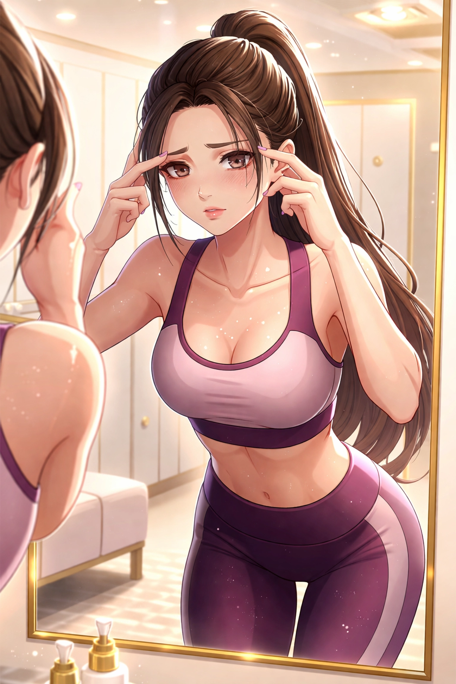 Athletic woman in luxury activewear examining smudged brows after a workout, highlighting fitness beauty struggles.