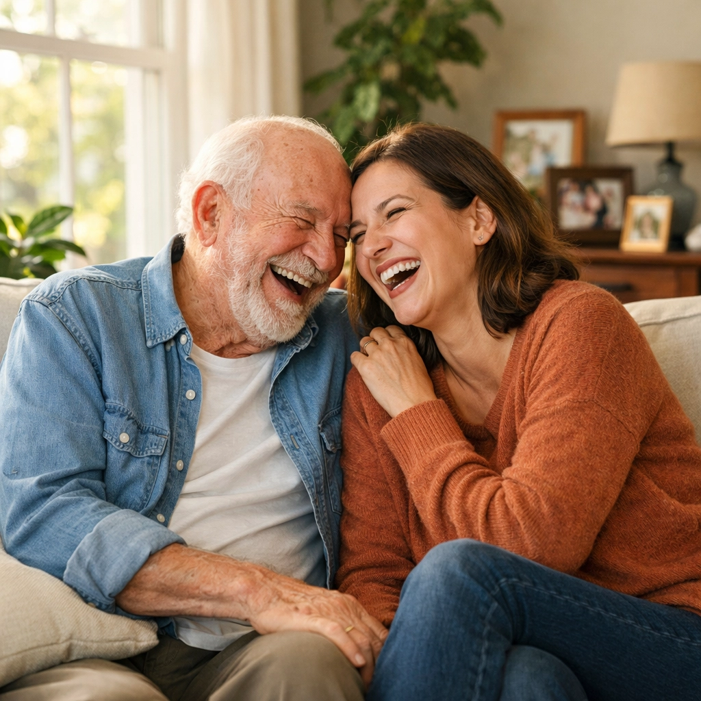 Senior man and family member in a cozy home, illustrating the comfort of aging in place.